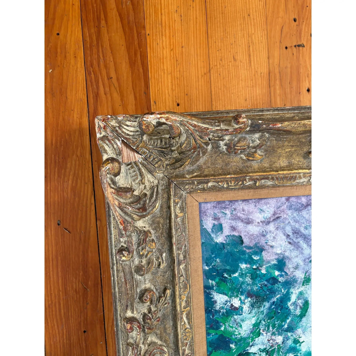 Antique French Impressionistic Painting on Canvas in Antique Wood Carved Frame