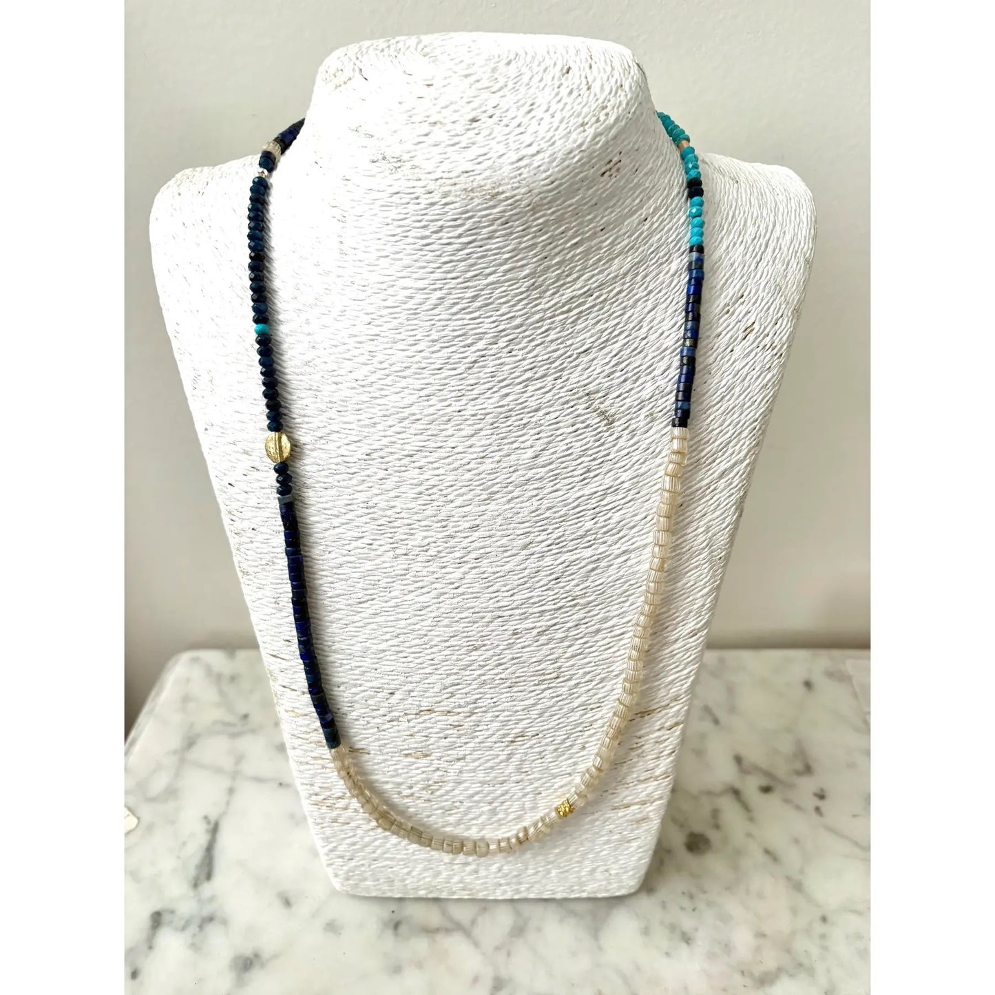 Turquoise Lapis African Trade Beads With Gold Spacers 24” Long Necklace