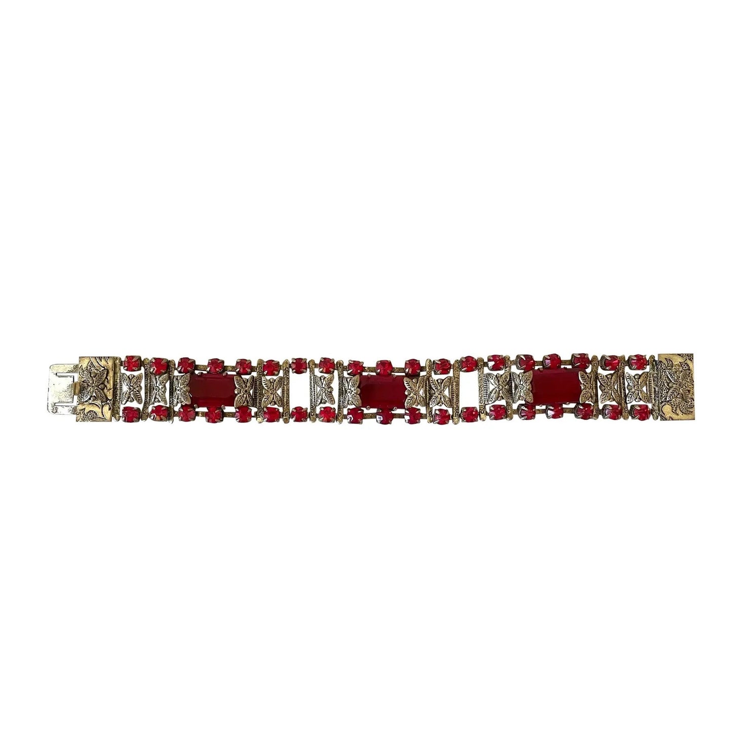 Vintage 1950s Czechoslovakia Ruby Rhinestones and Silver Metal Bracelet