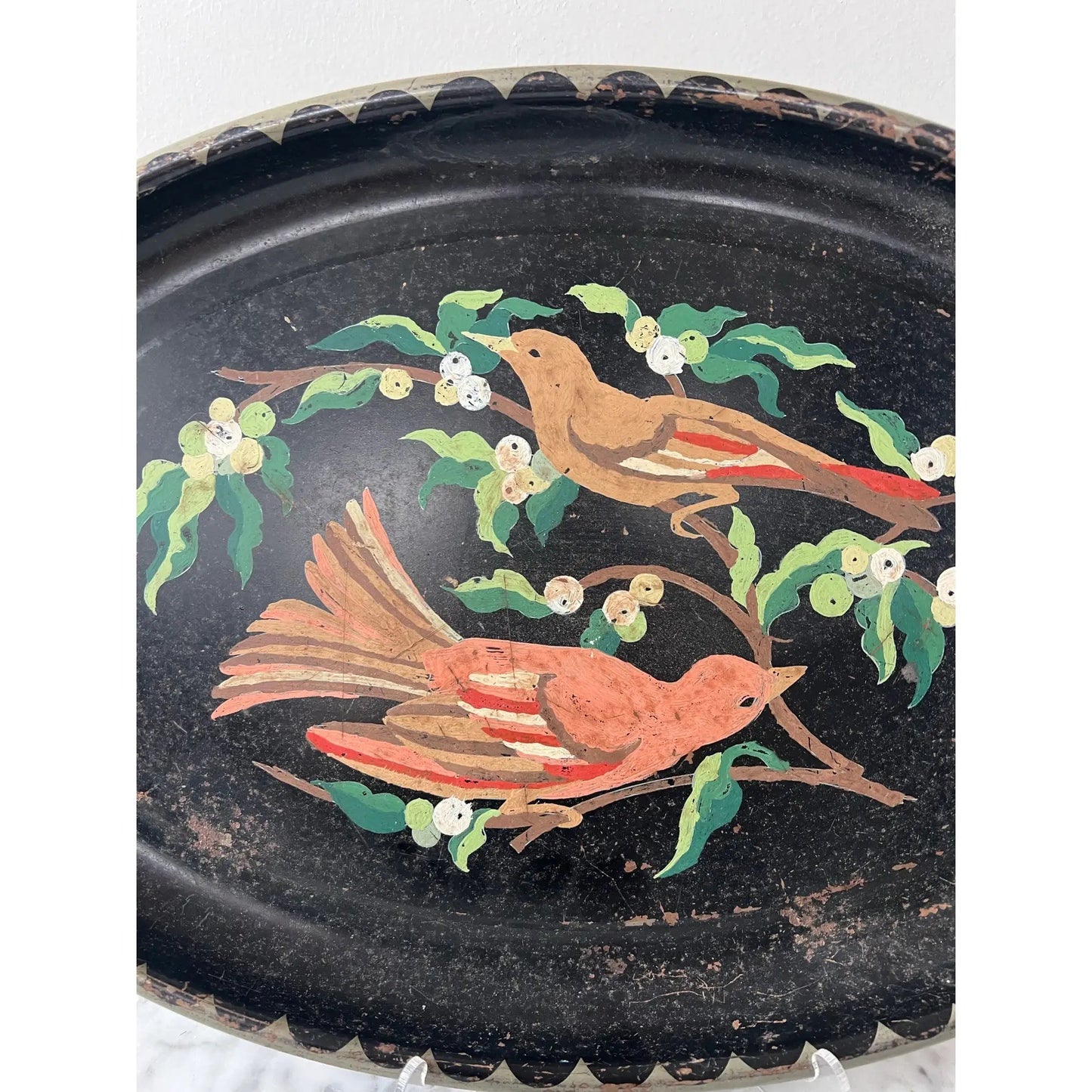Vintage Hand-Painted Oval Metal Tray With Two Birds and Juniper Berries