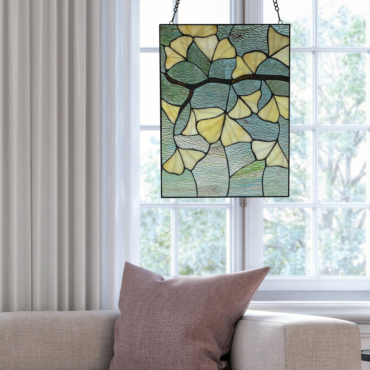 Stained Glass Robert Yellow Gingko Leaf Window Panel 17.5"H