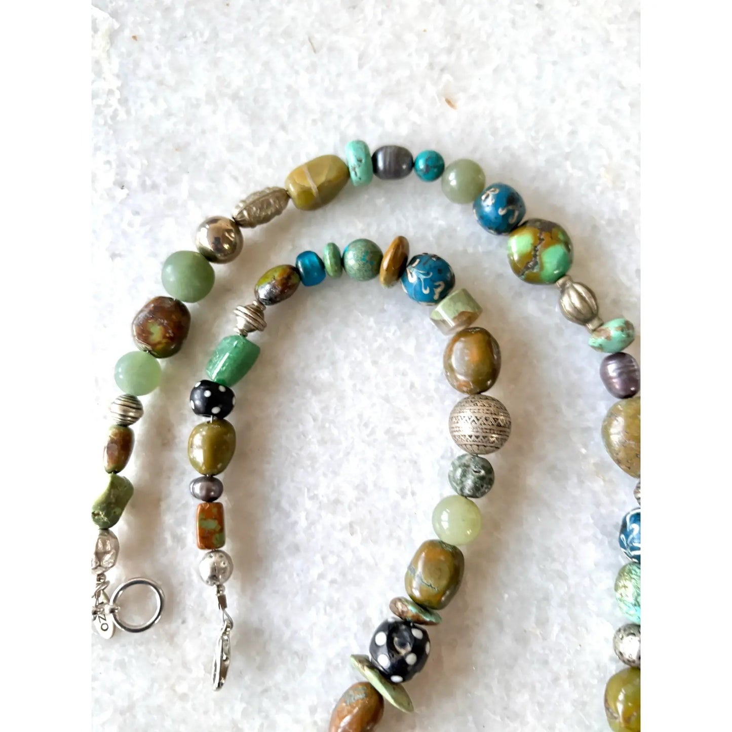 Rare Beaded Necklace of Tibetan Turquoise Silver African Trade Beads, Jade