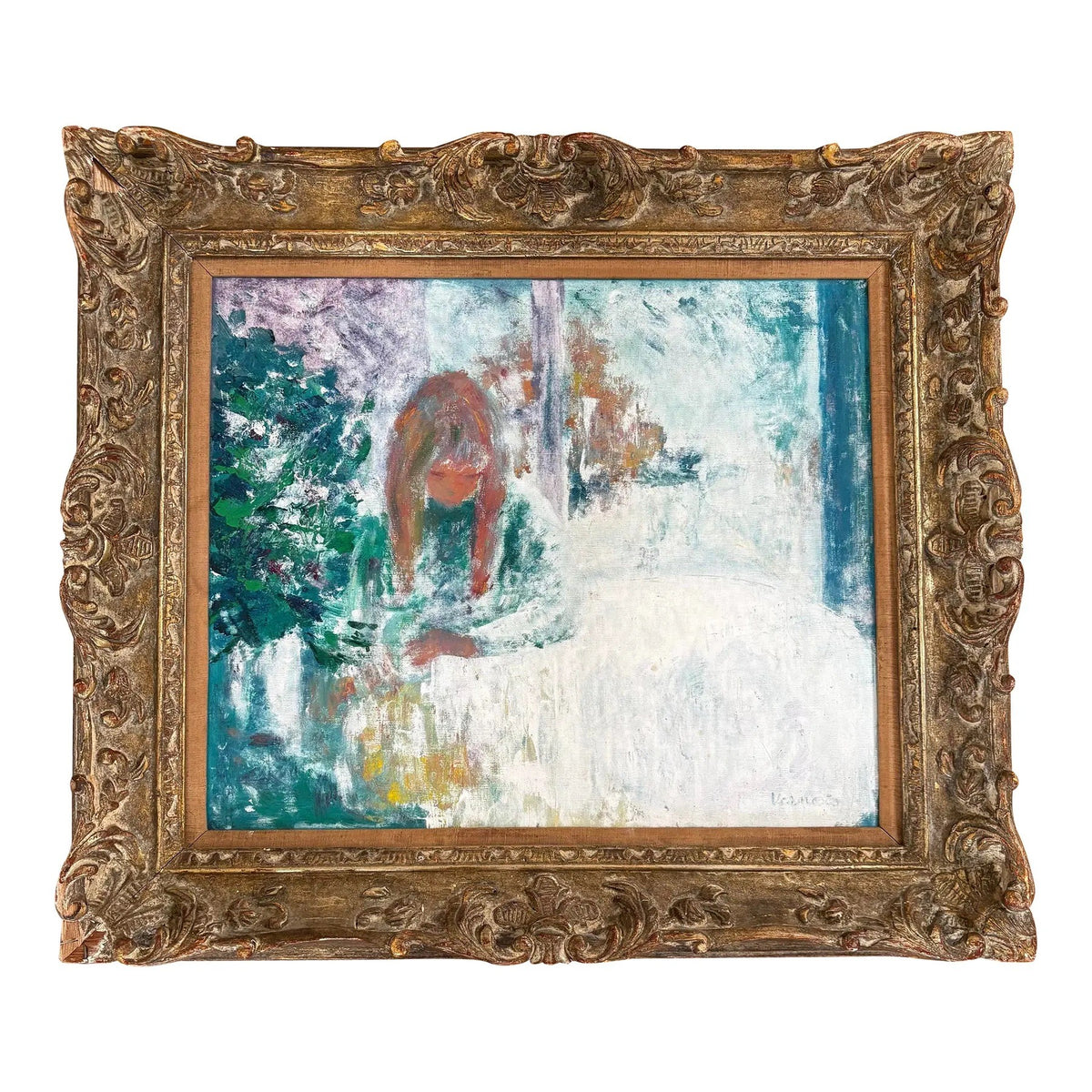 Antique French Impressionistic Painting on Canvas in Antique Wood Carved Frame