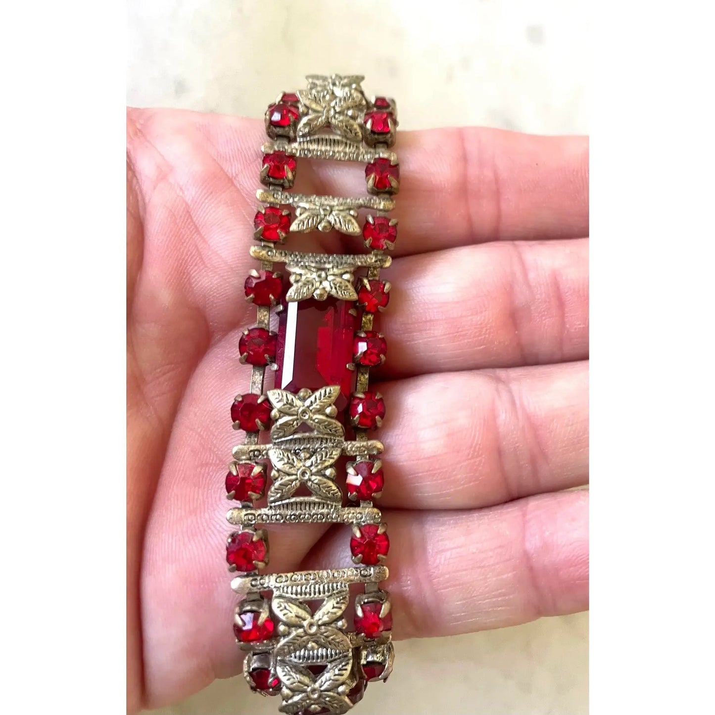 Vintage 1950s Czechoslovakia Ruby Rhinestones and Silver Metal Bracelet