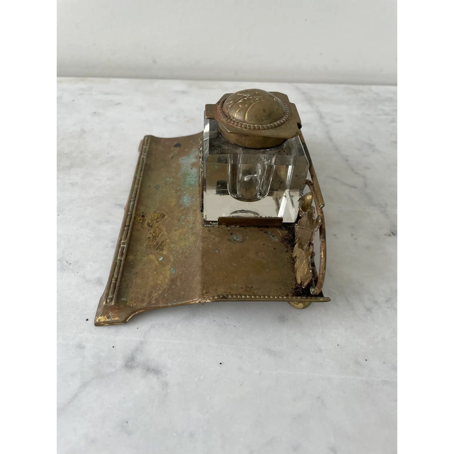 Art Nouveau Crystal and Brass Inkwell