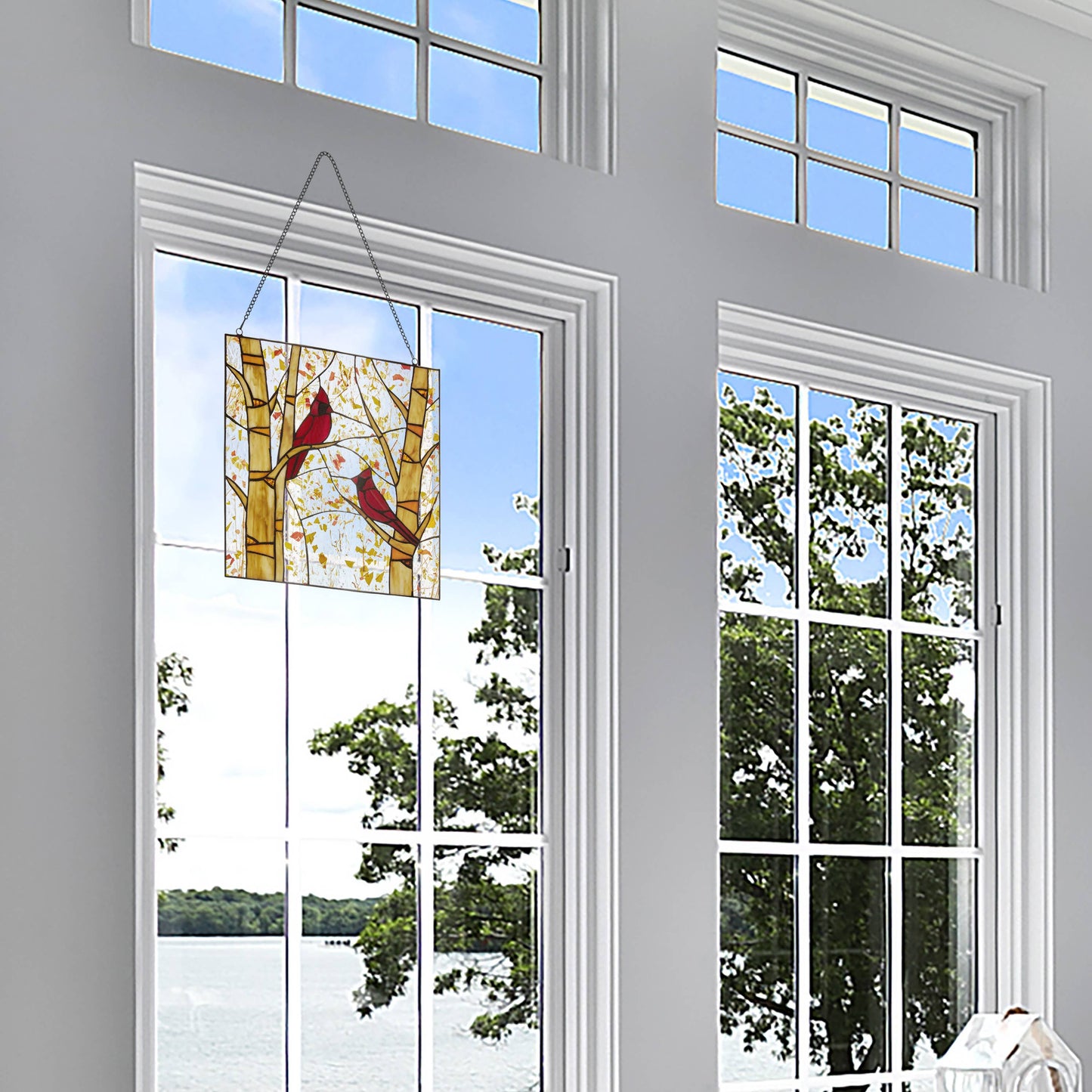 Vidrio emplomado - Panel de ventana Cardenales rojos del Edén en otoño de 14" de alto