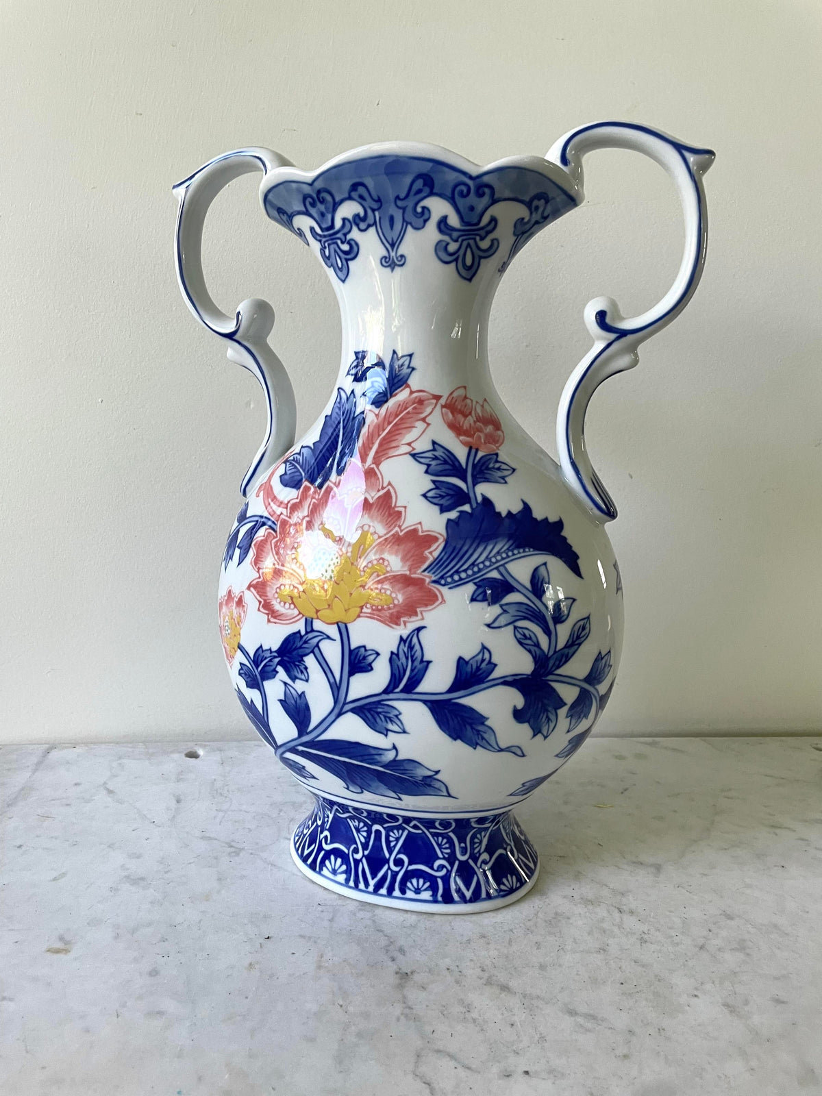Porcelain Blue and White Chinoiserie Handle Vase