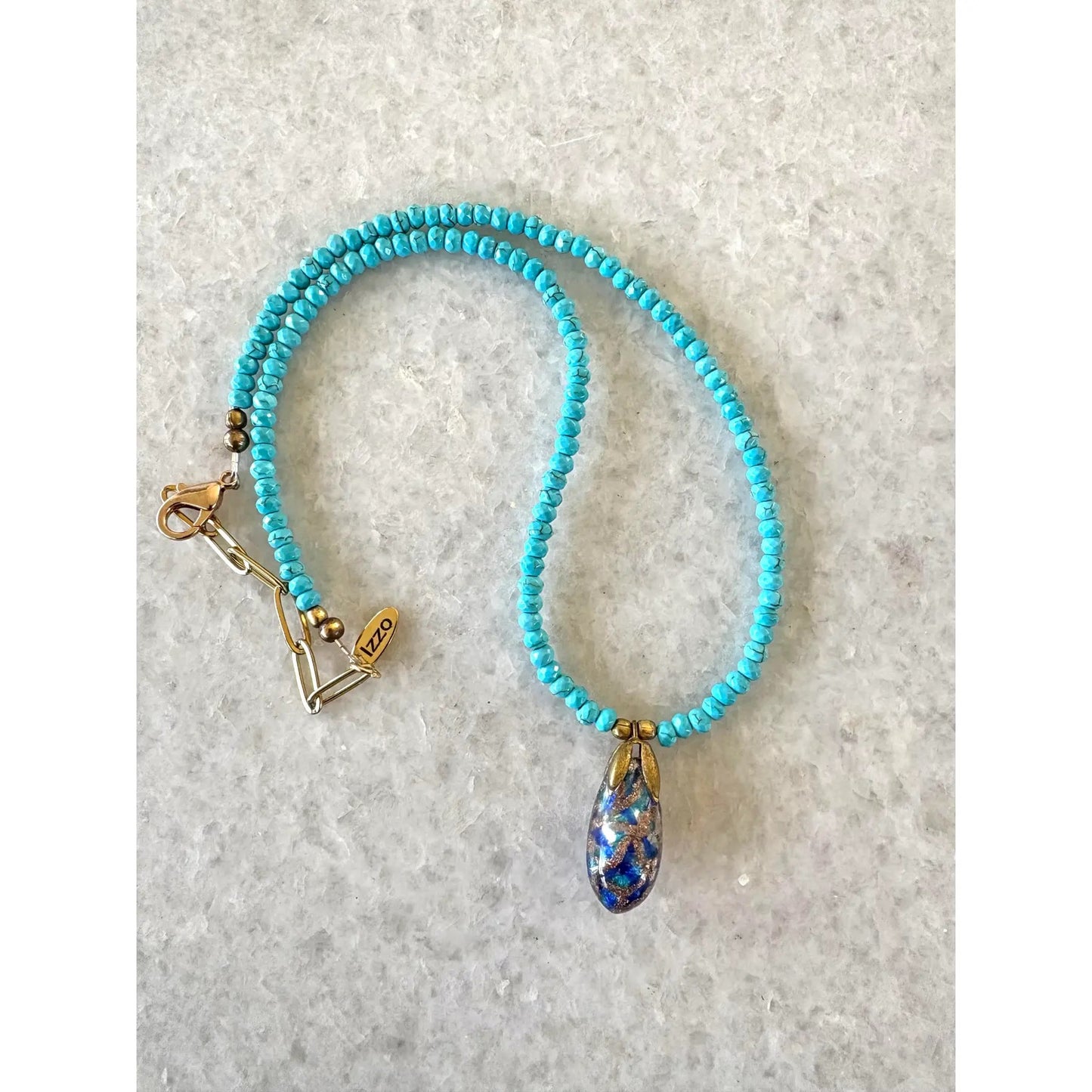 Turquoise Beaded Necklace With Vintage Hand Made Glass Chinese Pendant