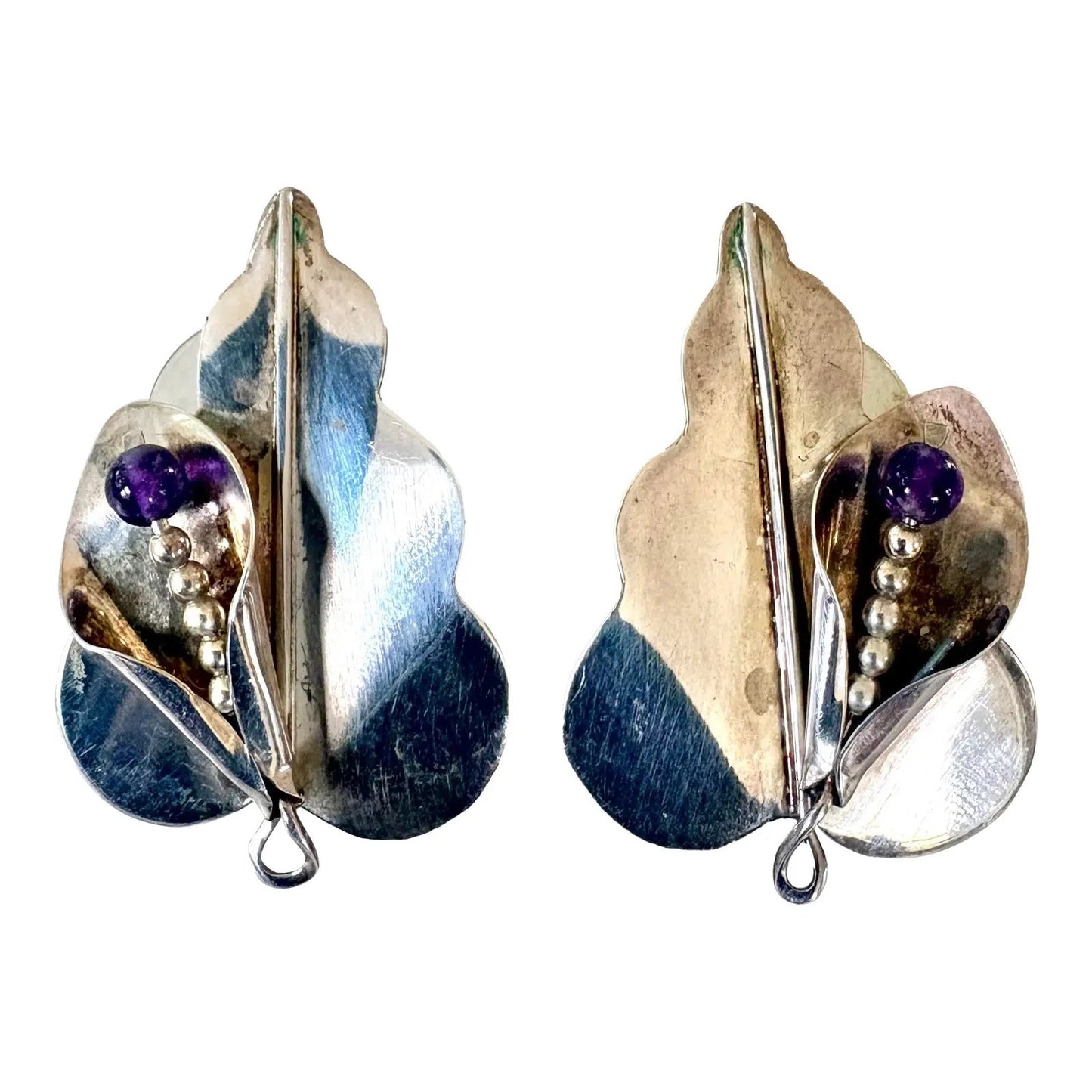 Vintage Sterling Silver Leaf Design With Amethyst Accent Pierced Earrings