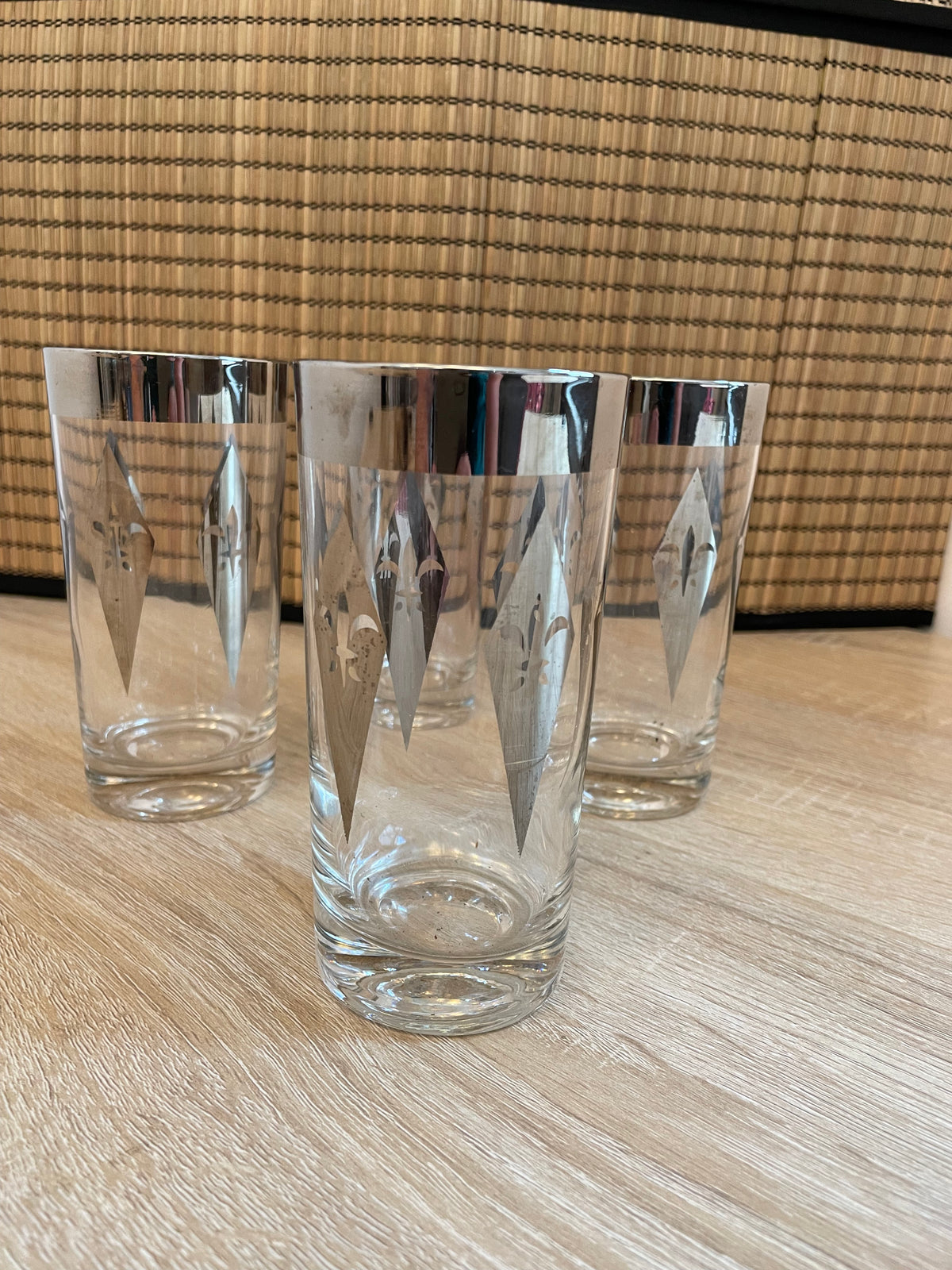 1960s Groovy Silver Rim Diamond Highball Cocktail Glass, Sold Individually