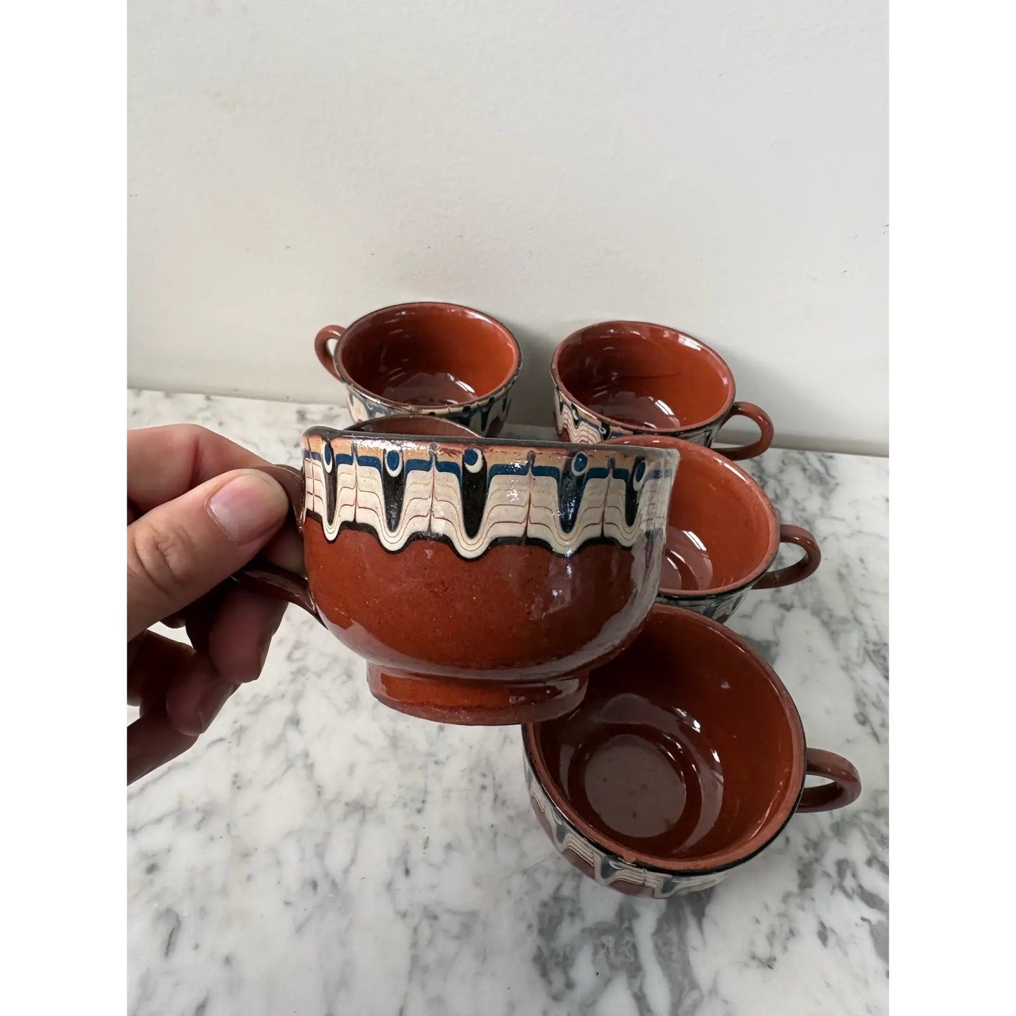 Vintage Handmade Hand Painted Bulgarian Red Clay Pottery Tea/Coffee Cups