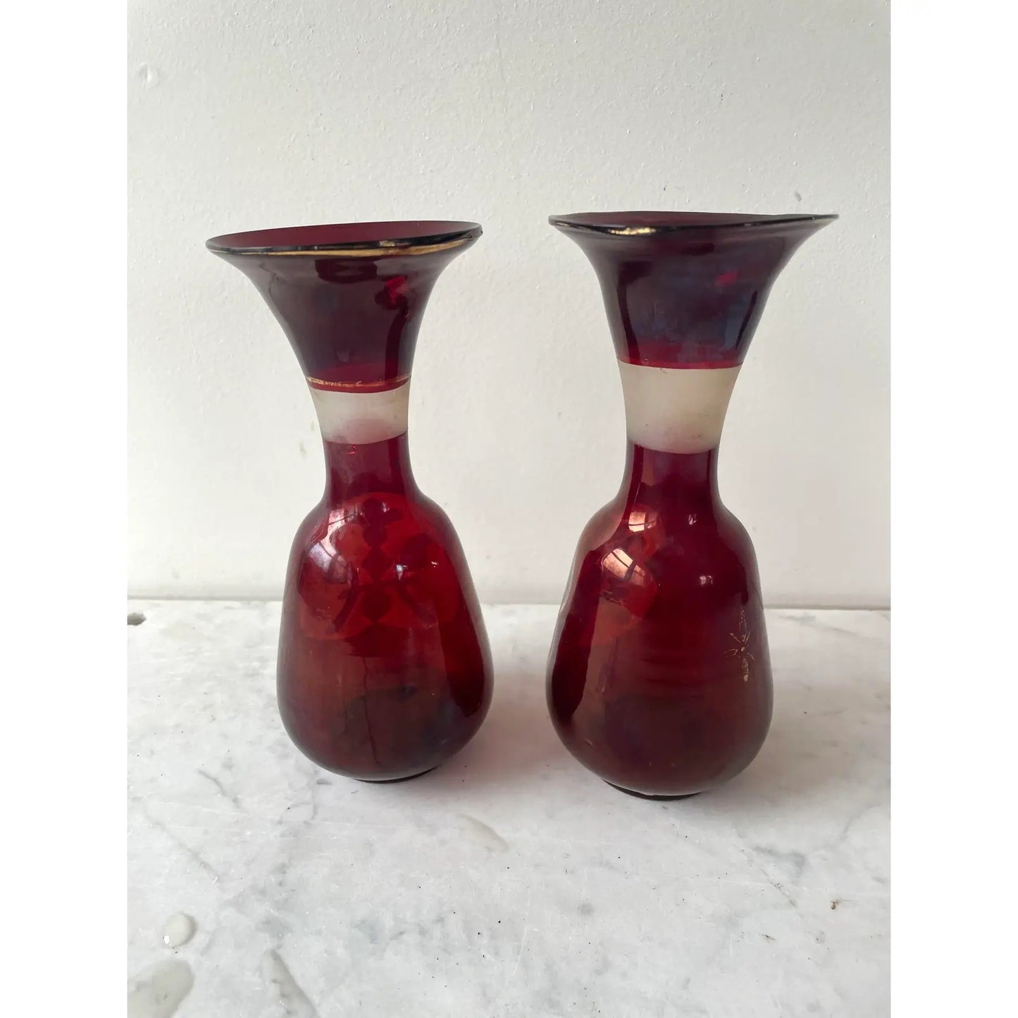 Vintage Bohemian Hand Blown Frosted Glass Vases - Pair