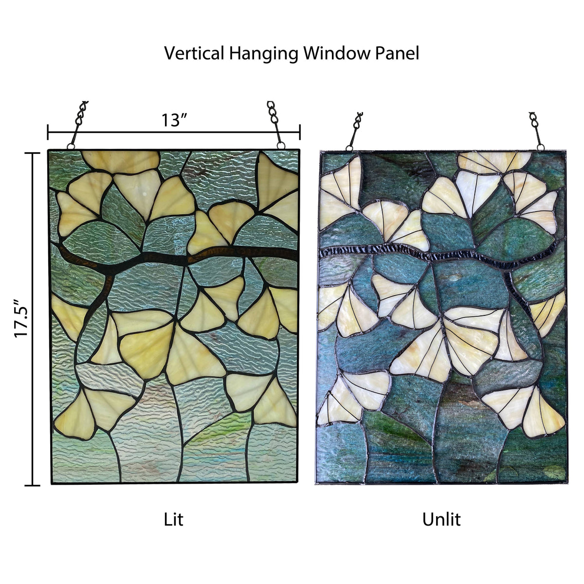 Stained Glass Robert Yellow Gingko Leaf Window Panel 17.5"H