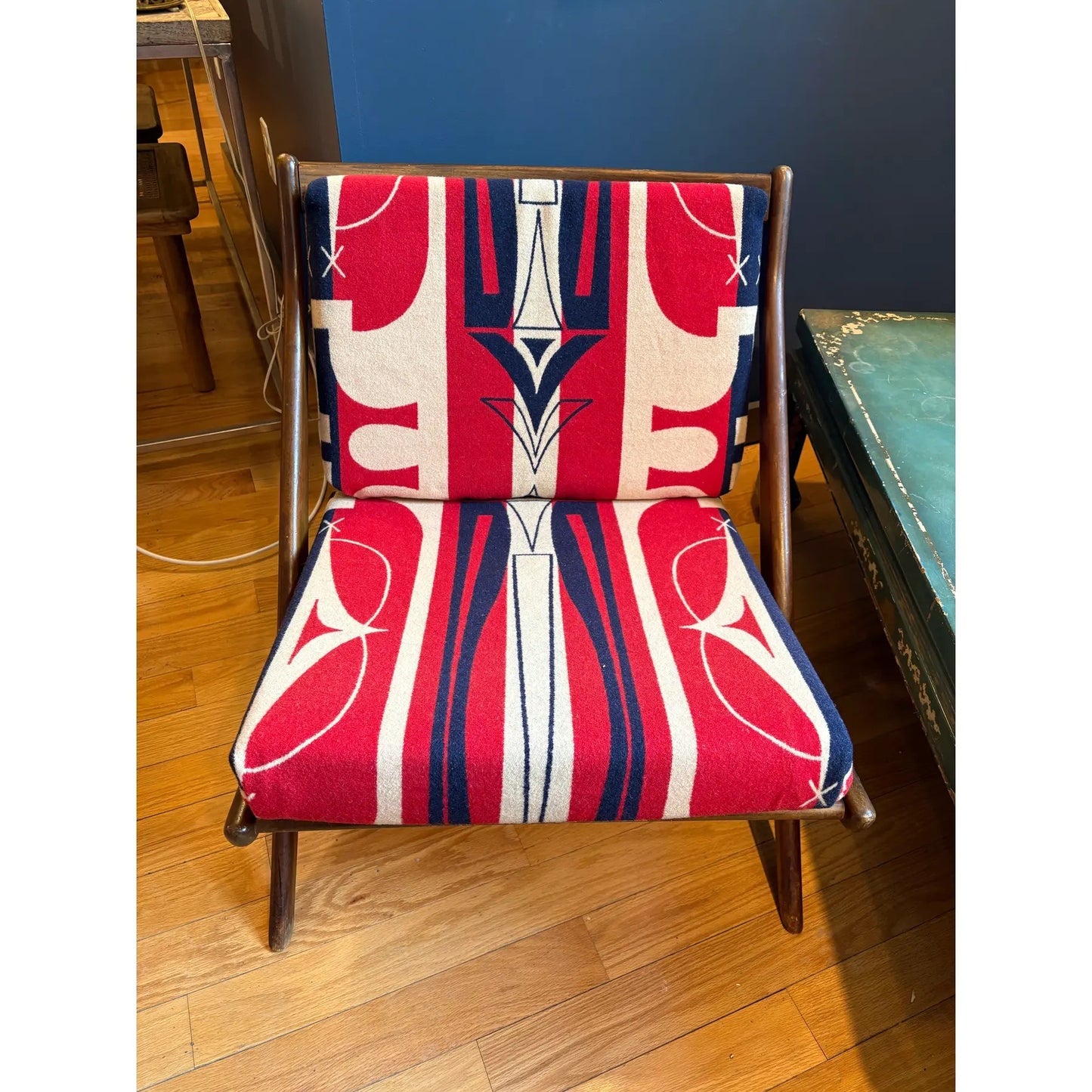 MCM Walnut Chair With Vintage Pendleton Wool Upholstery