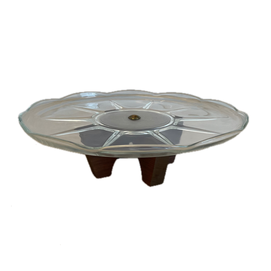 Amazing 1970s Glass and Wood Rotating Cake Stand