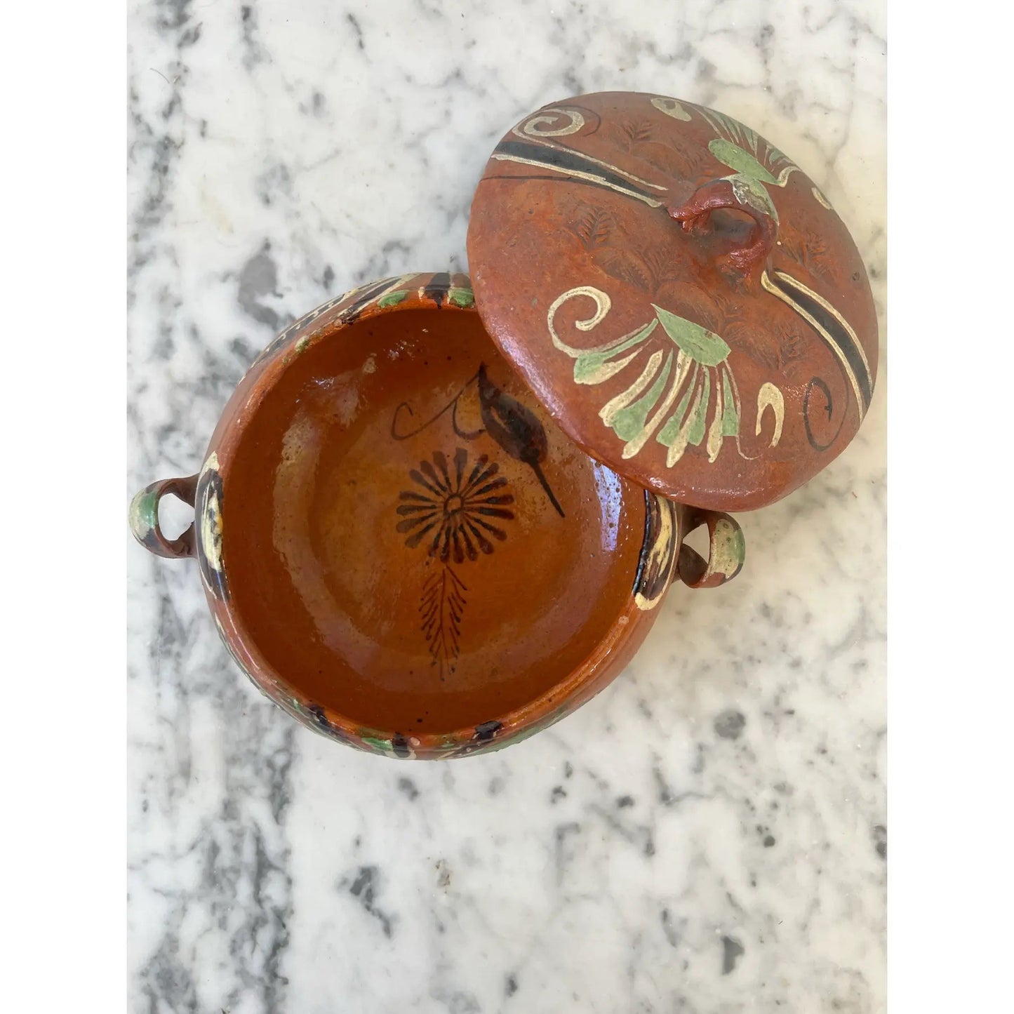 Hand Painted Mexican Terracotta Bowl With Lid Stamped Made in Mexico