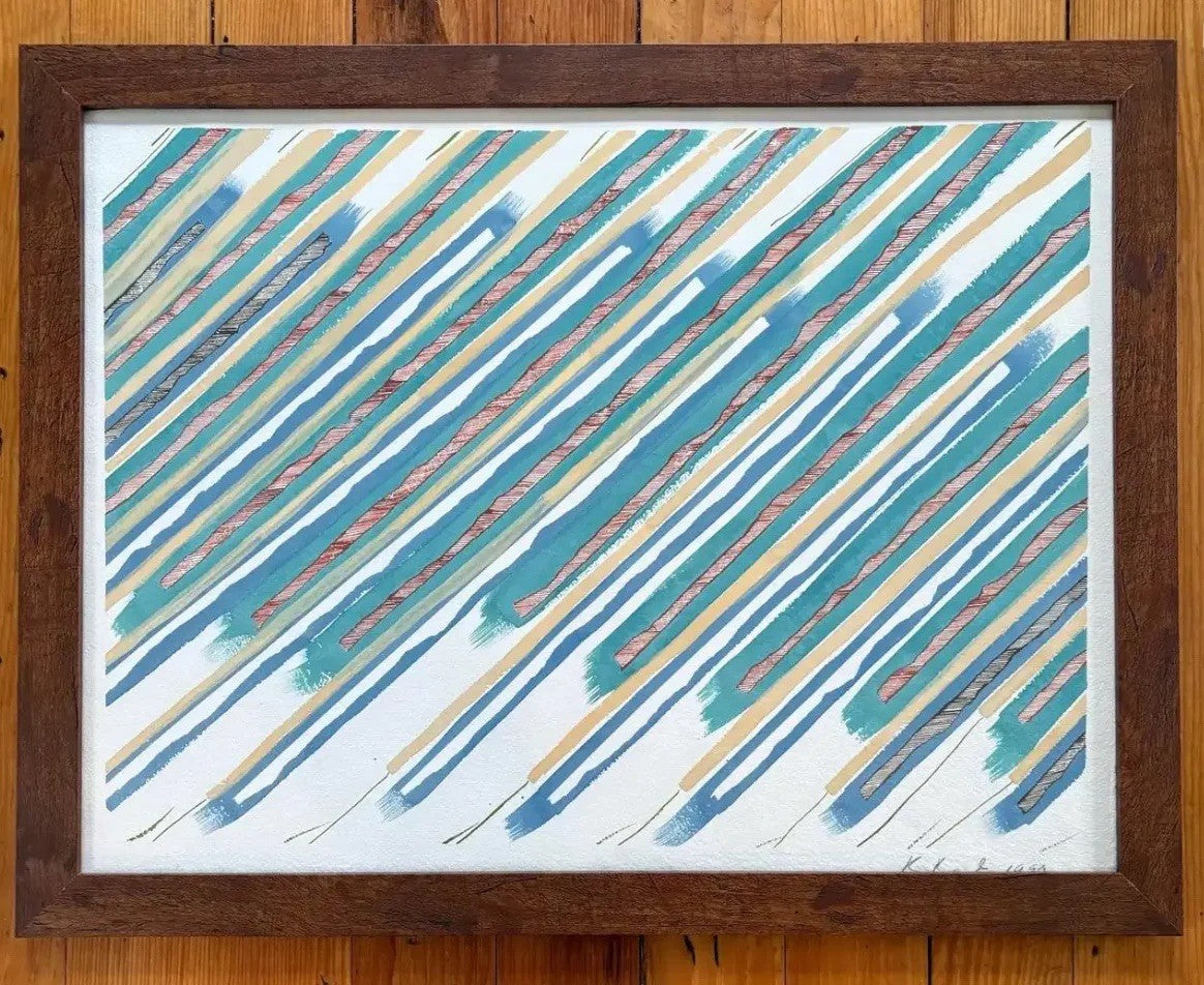 Barbara Beck 1990 Framed Abstract Painting on Paper in Dark Wood Frame
