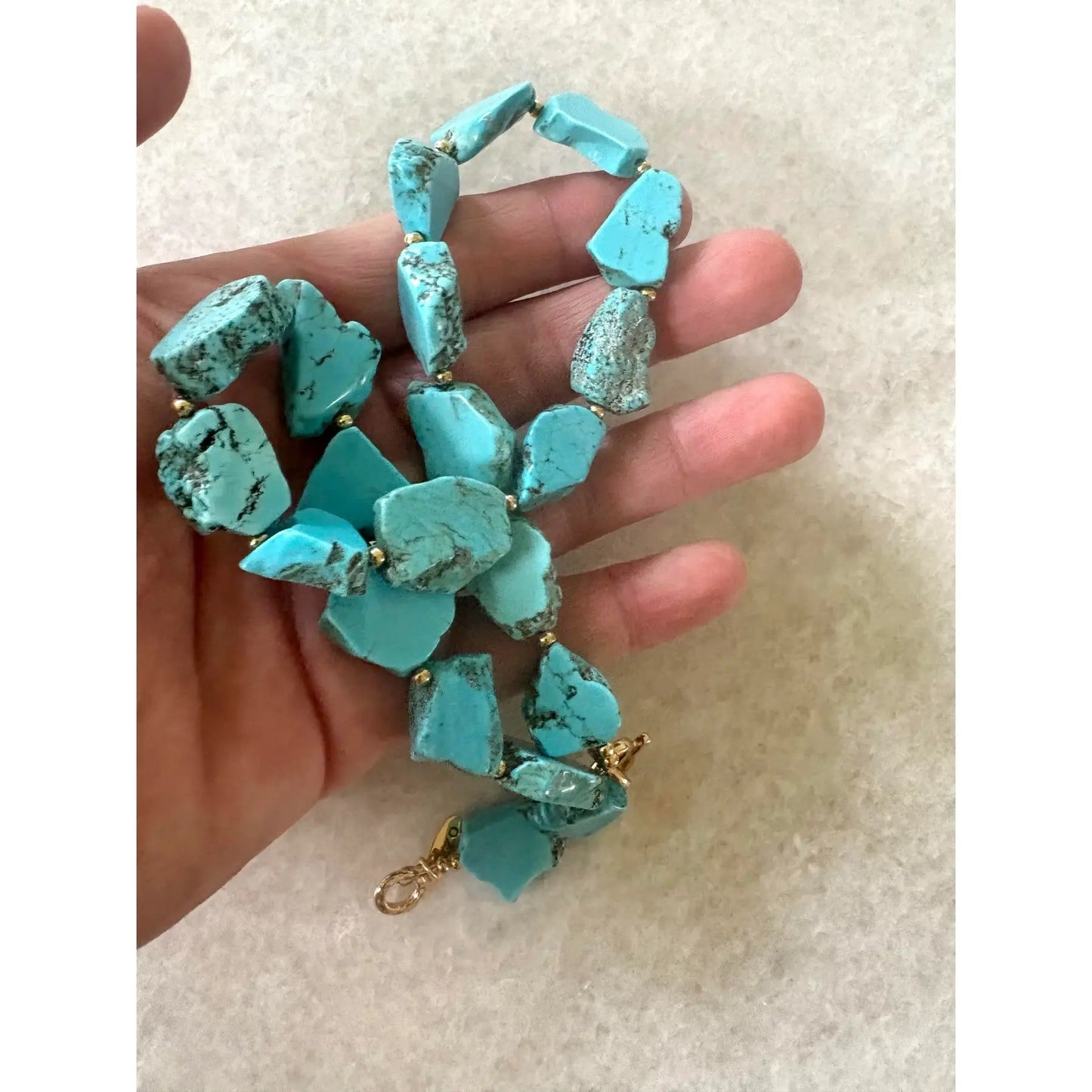 Turquoise Slice Beaded Necklace With Gold Tone Clasp, Designed by Matthew Izzo