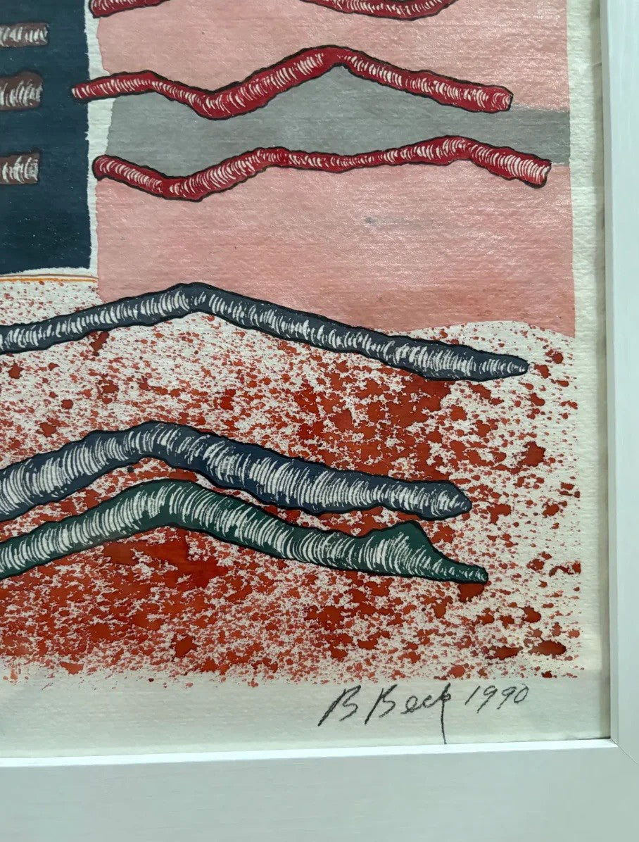 Barbara Beck 1990 Framed Abstract Watercolor Painting on Paper in White Wood Frame