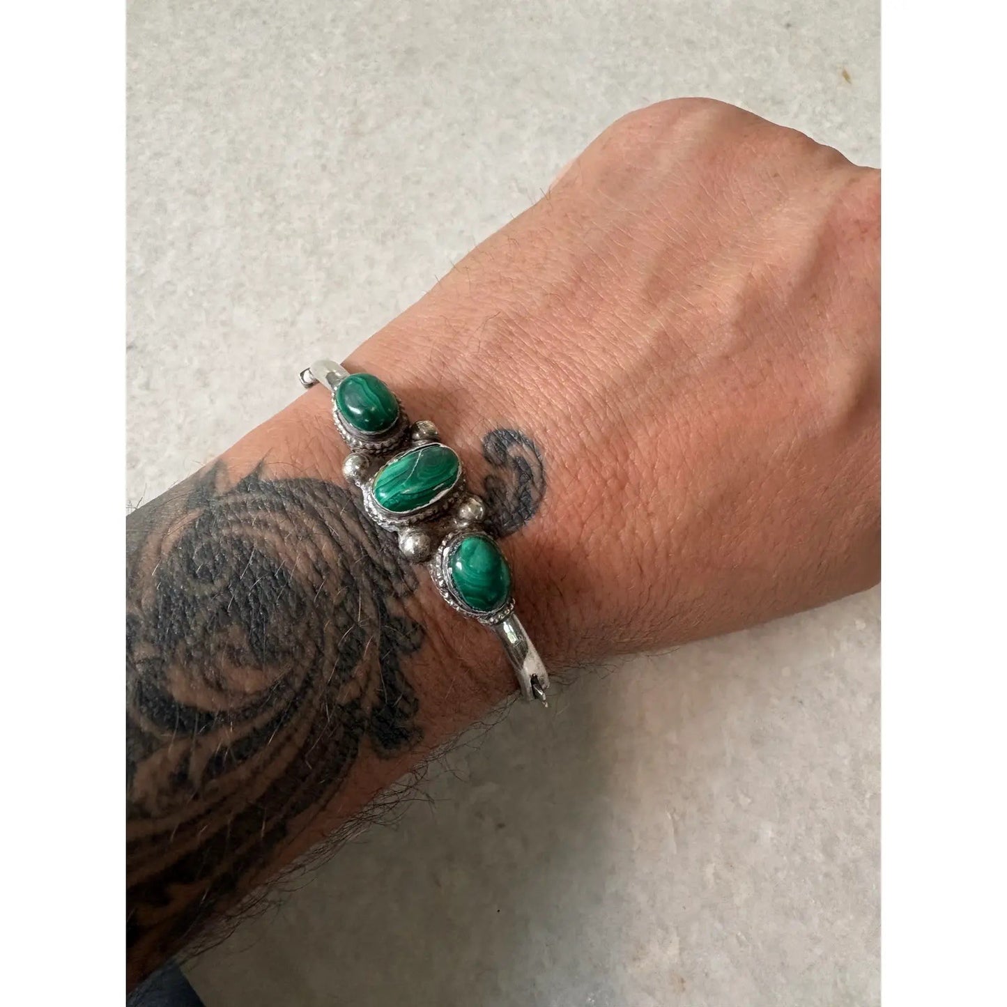Sterling Silver and Malachite Handed Bangle Bracelet With Clasp