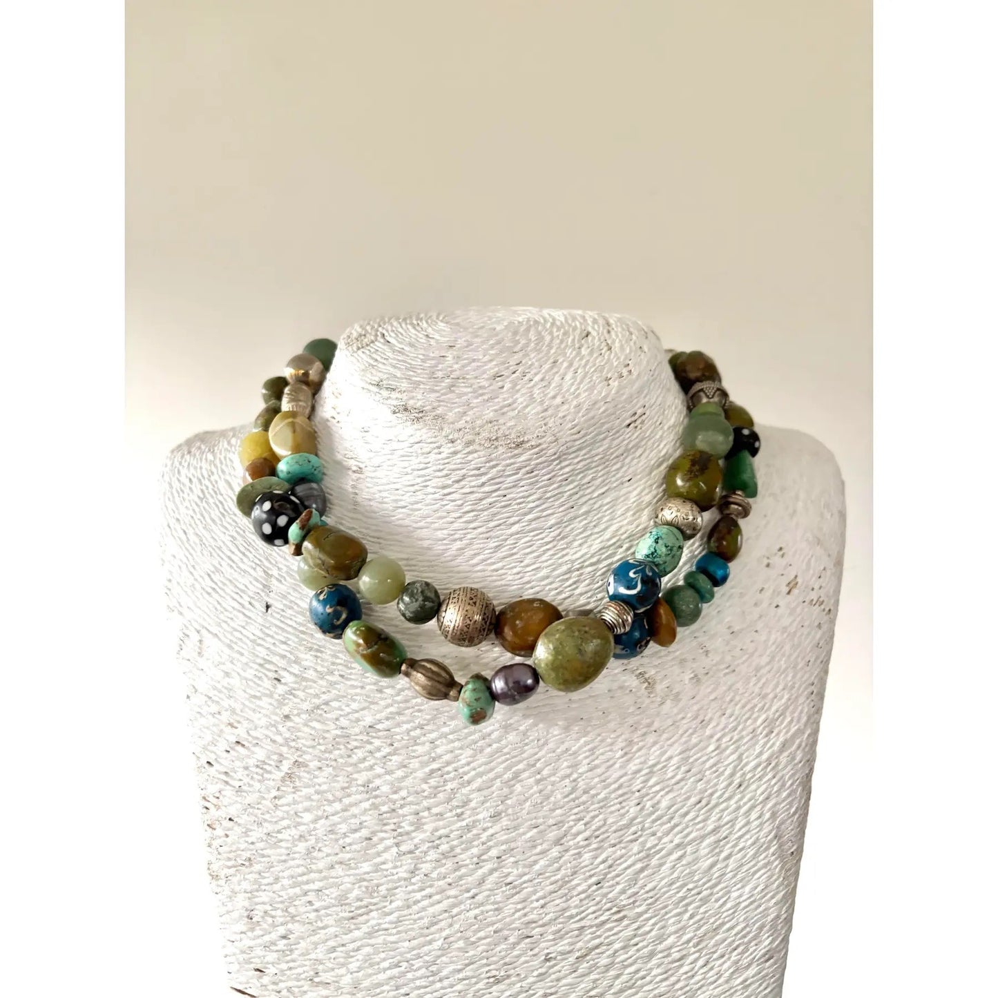 Rare Beaded Necklace of Tibetan Turquoise Silver African Trade Beads, Jade