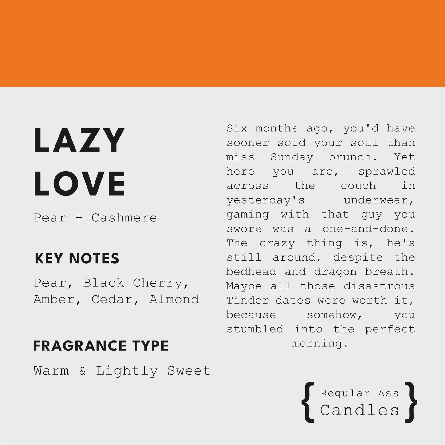 Regular Ass Candles - Lazy Love, Pear + Cashmere 11oz Luxury Candle: Clear