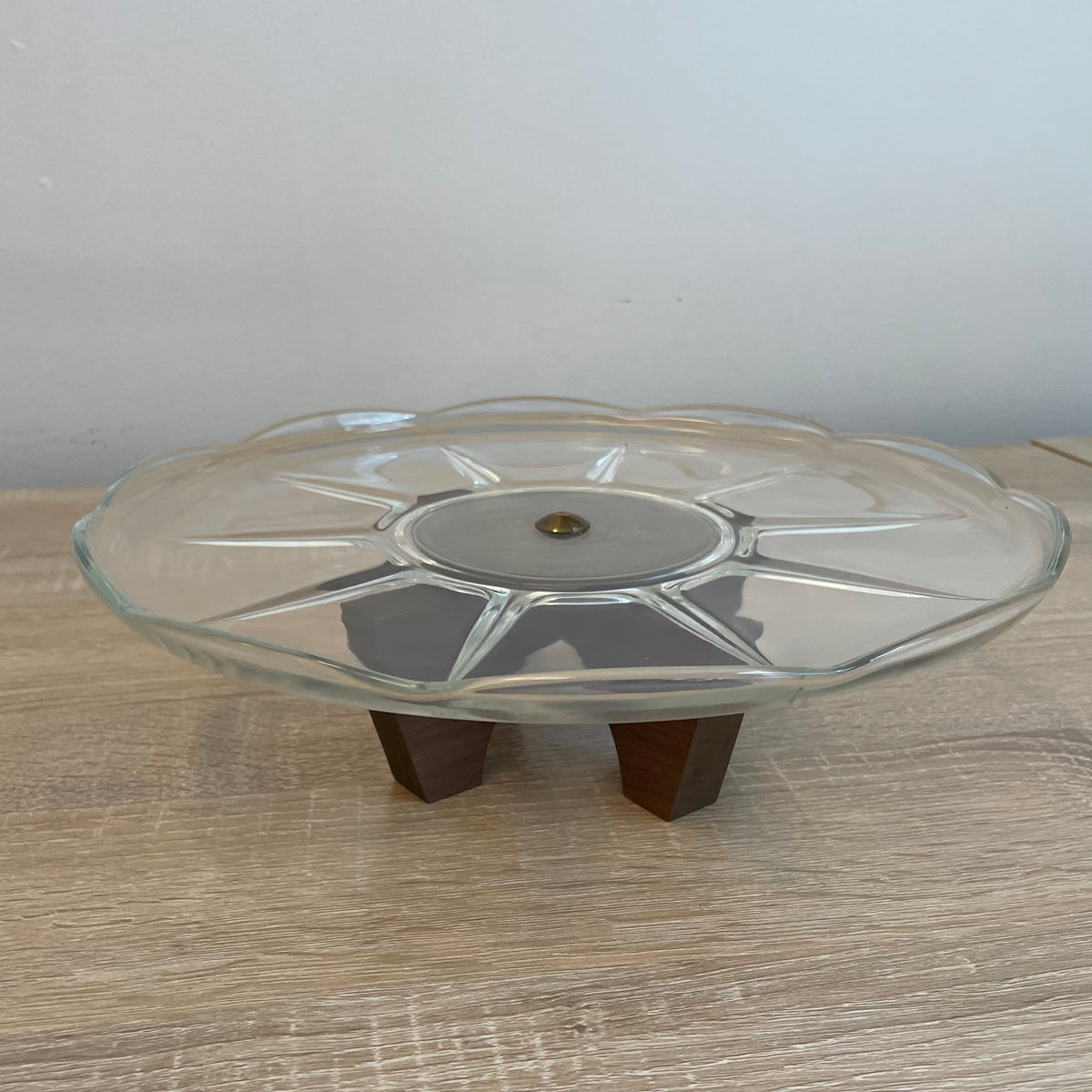 Amazing 1970s Glass and Wood Rotating Cake Stand