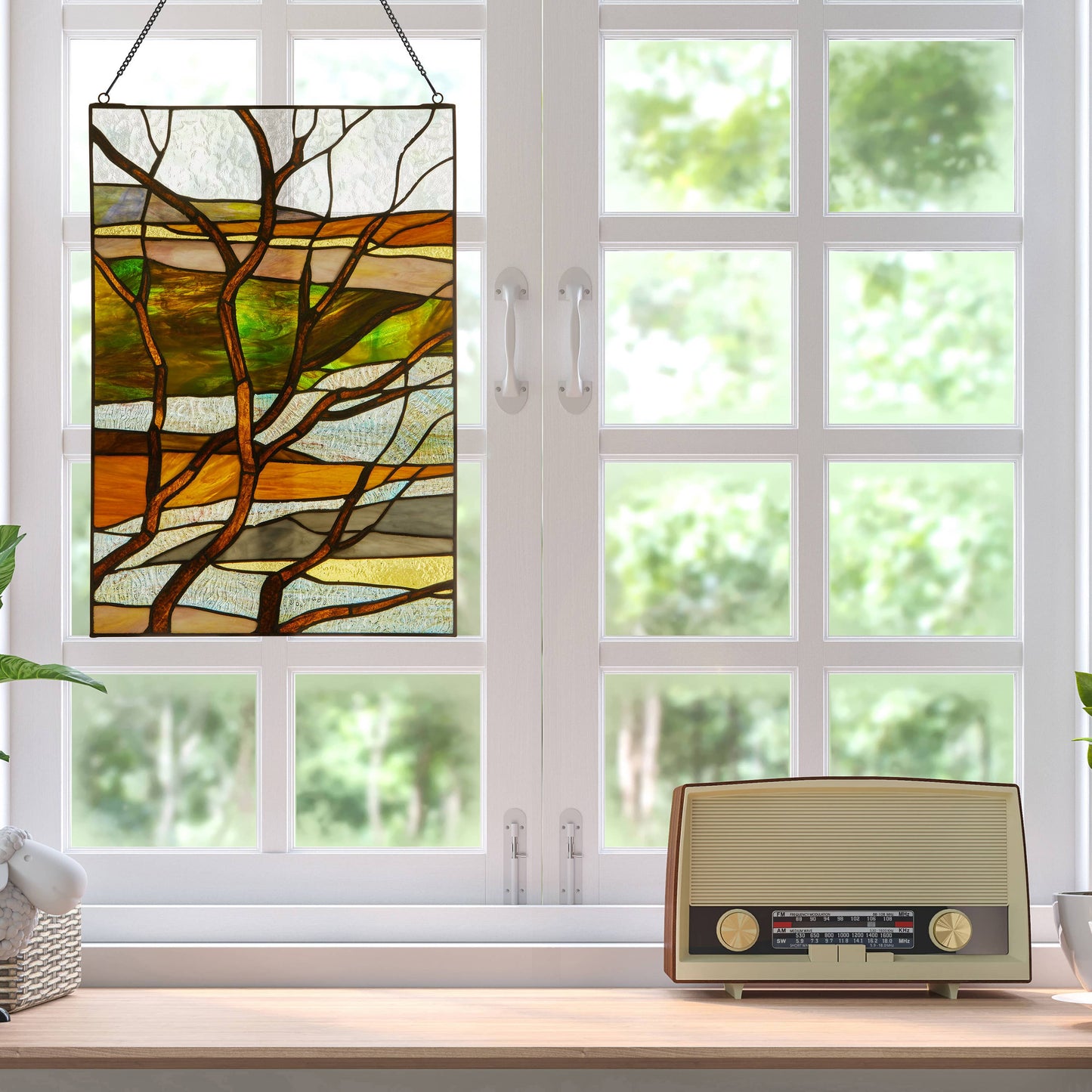Stained Glass Fall Treescape Window Panel 20"H