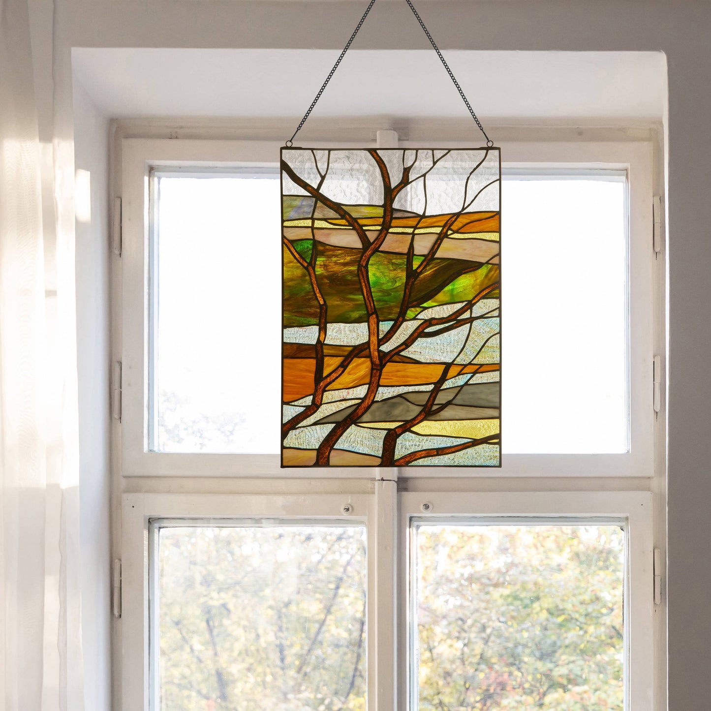 Stained Glass Fall Treescape Window Panel 20"H