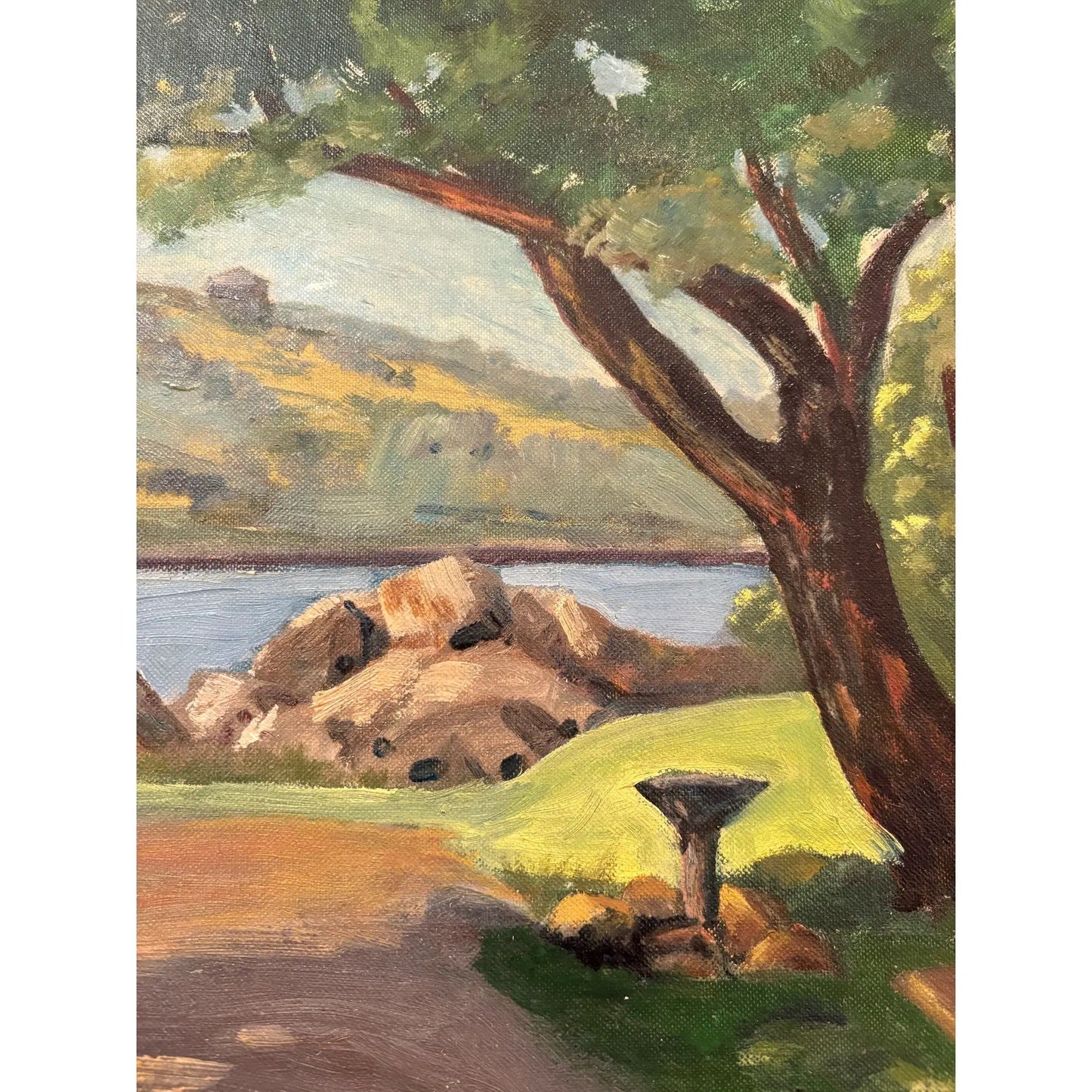 1951 Impressionist Lakeside Landscape Oil on Board Painting, Signed