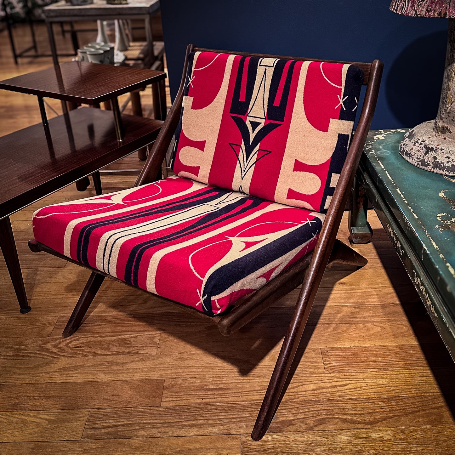 MCM Walnut Chair With Vintage Pendleton Wool Upholstery