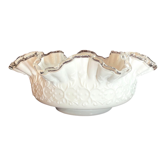 Fenton Glass Spanish Lace Milk Glass Ripple Bowl. Rare 1960s