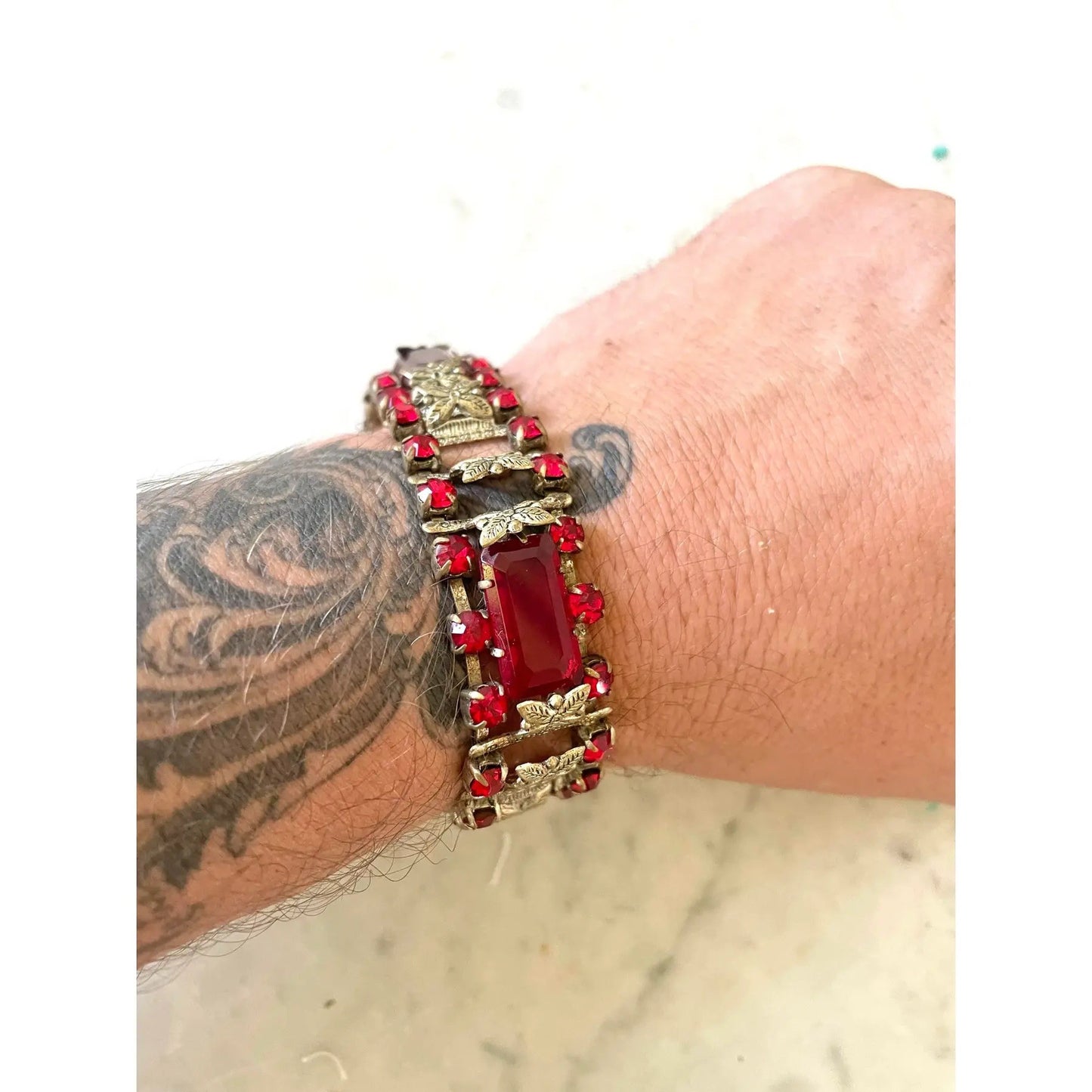 Vintage 1950s Czechoslovakia Ruby Rhinestones and Silver Metal Bracelet