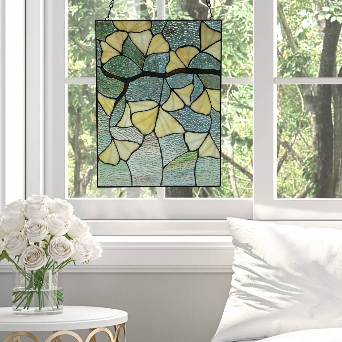 Stained Glass Robert Yellow Gingko Leaf Window Panel 17.5"H
