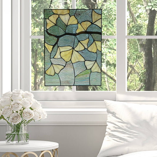 Stained Glass Robert Yellow Gingko Leaf Window Panel 17.5"H
