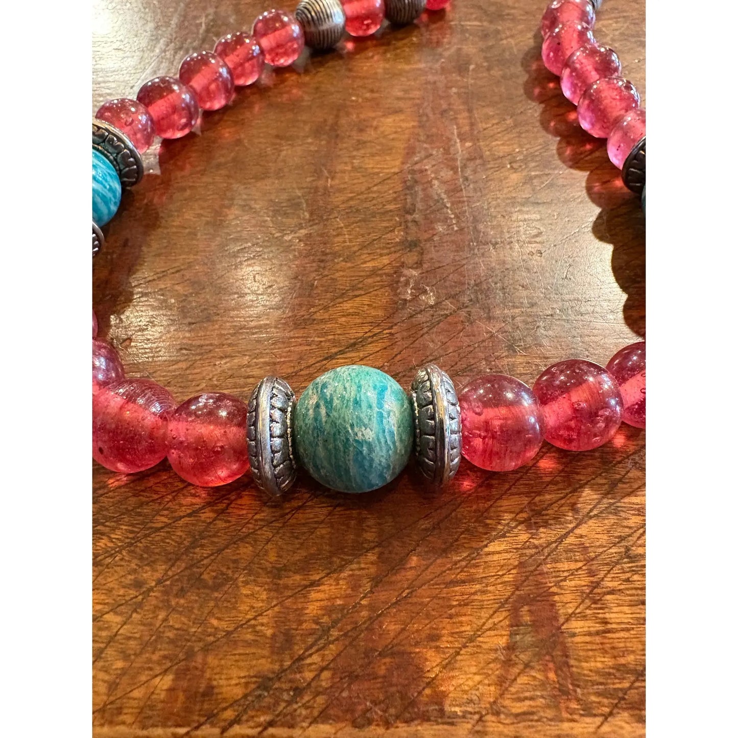 Collar de Cuentas de Plata Mixta, Amazonita y Cristal Chino Antiguo Rojo