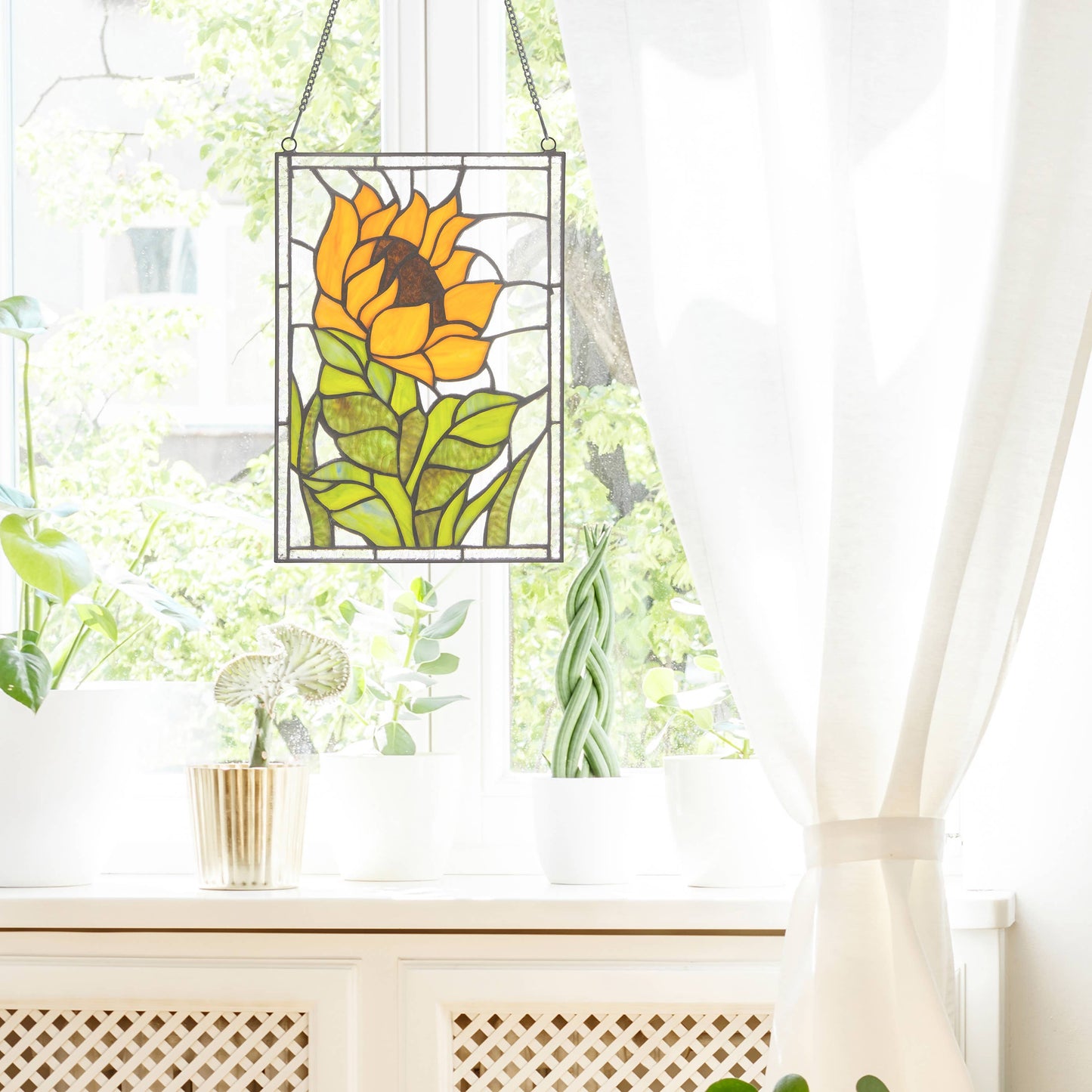 Stained Glass Multicolored Sunflower Window Panel 11.25”H
