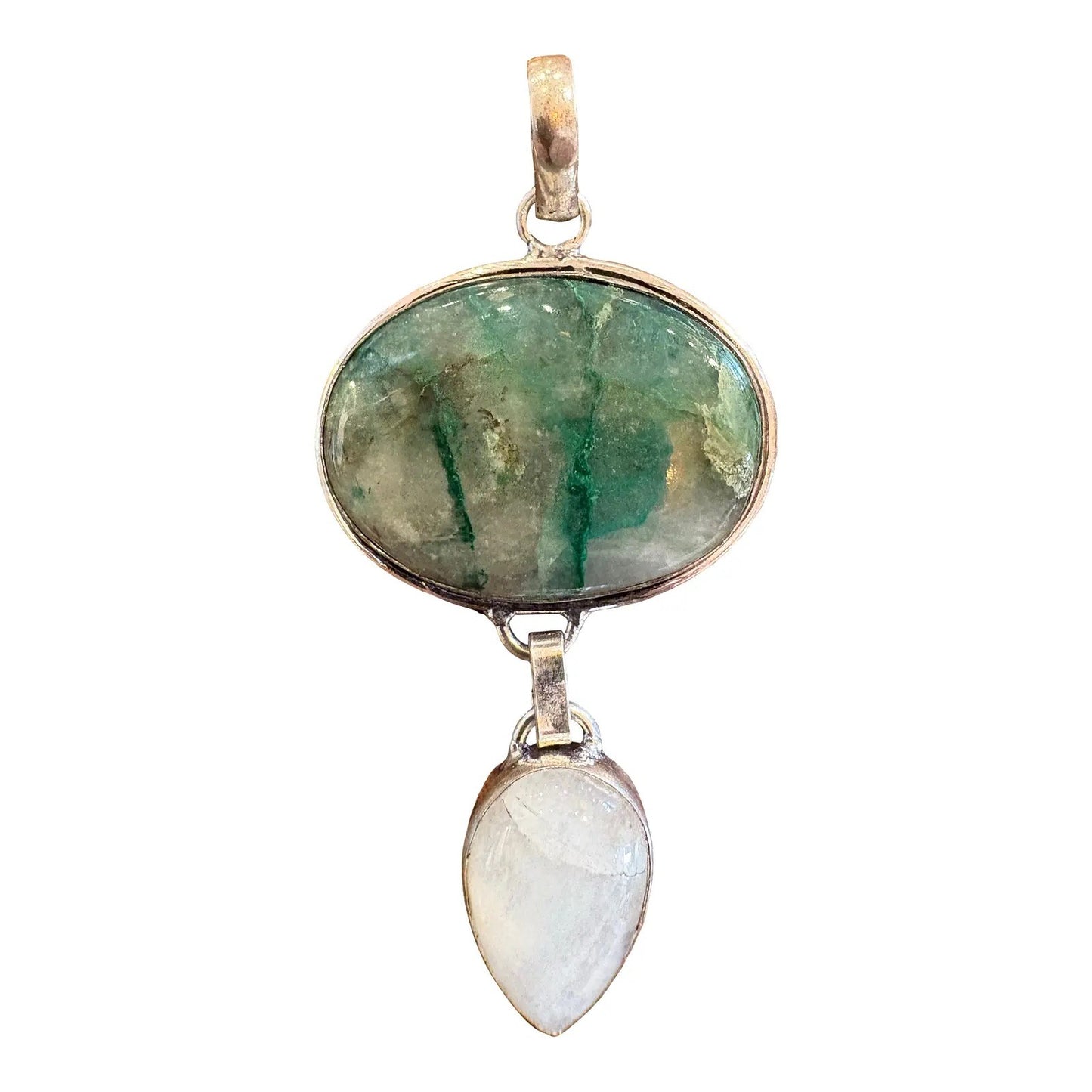 Vintage Sterling Silver Pendant Featuring an Emerald in Matrix Stone and a Moonstone