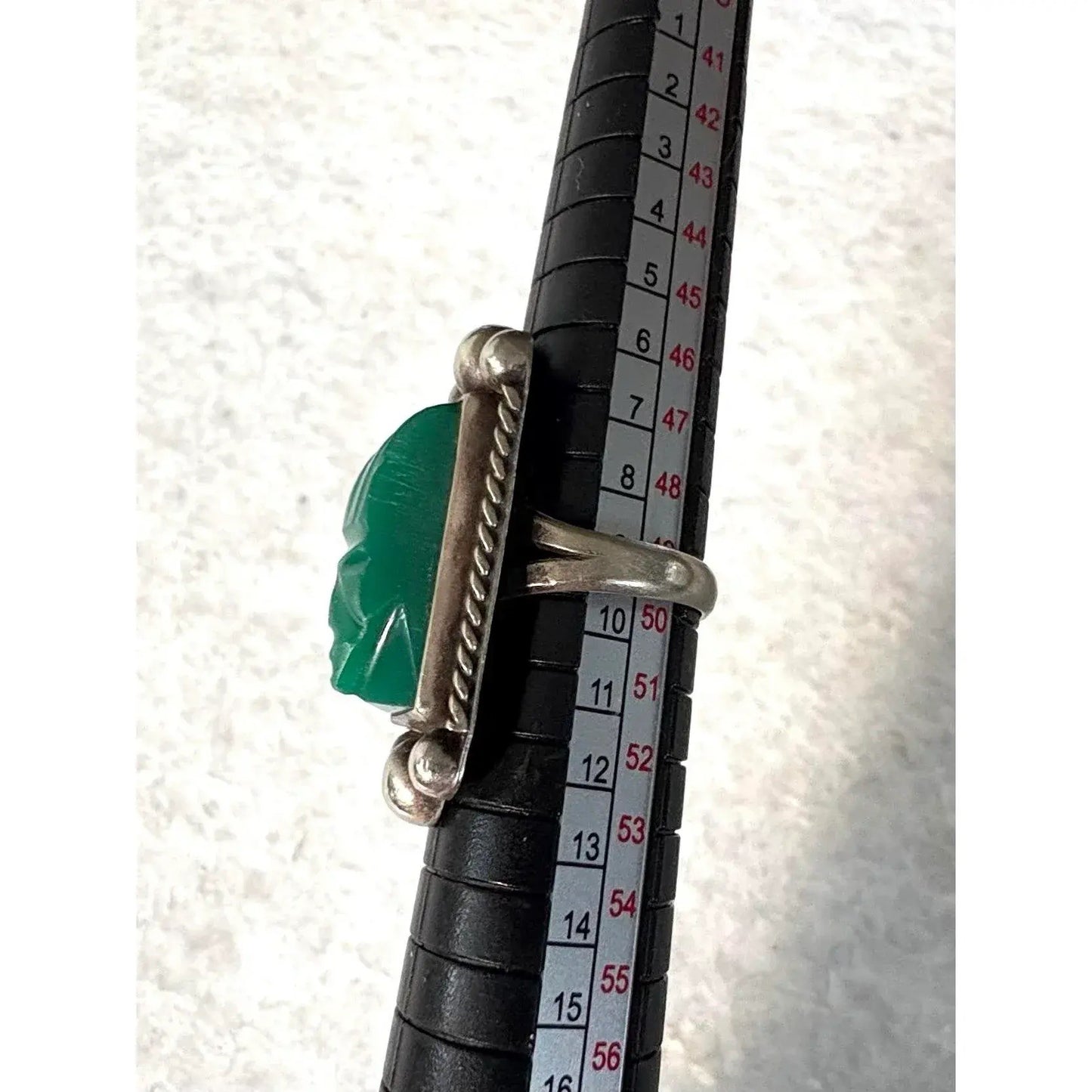 Vintage Aztec Carved Green Onyx and Sterling Silver Ring