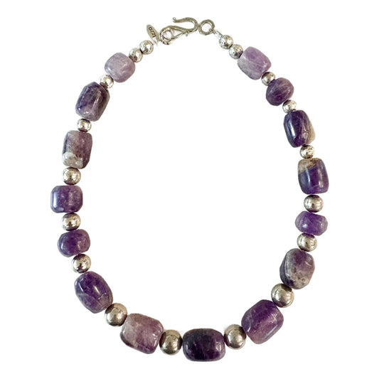 Antique Pre-Columbian Hand Carved Amethyst Beads With Silver Spacers, Restrung Necklace