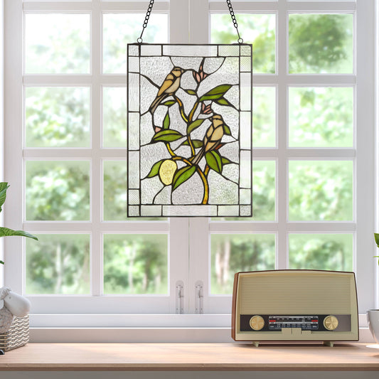 Stained Glass Birds in a Lemon Tree Window Panel 14"H