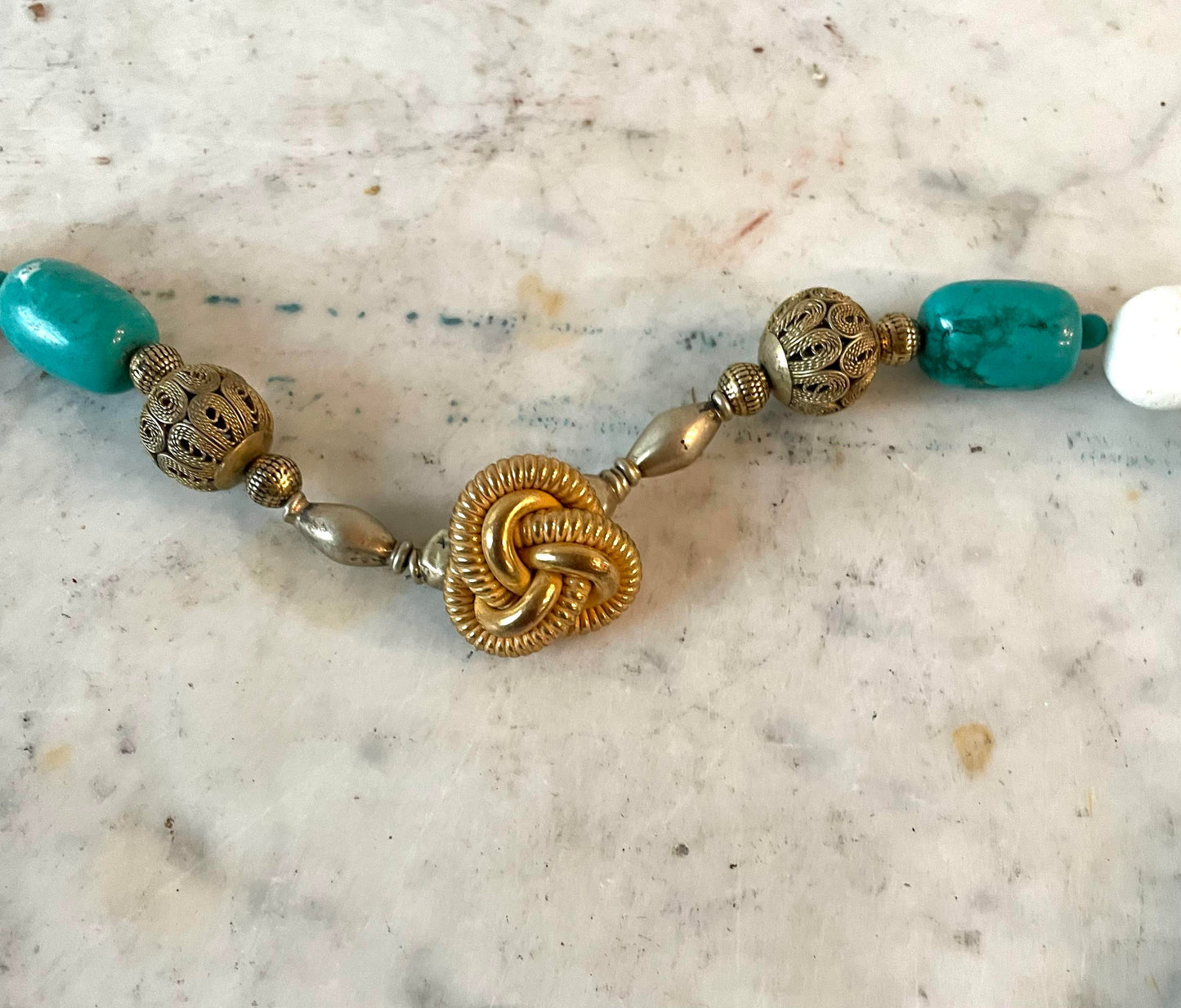 Turquoise and Antique Carved Coral Necklace by Matthew Izzo