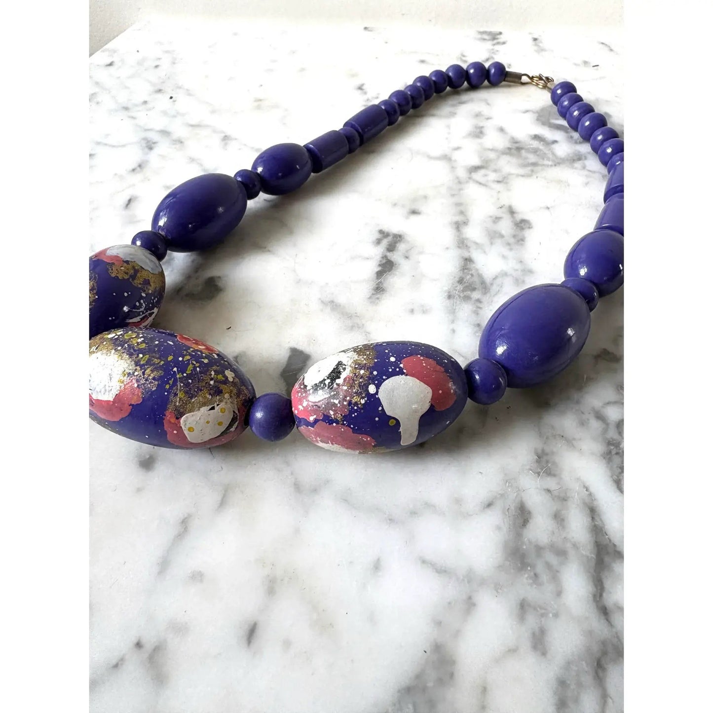 Mid Century Hand Painted Wood Beaded Necklace