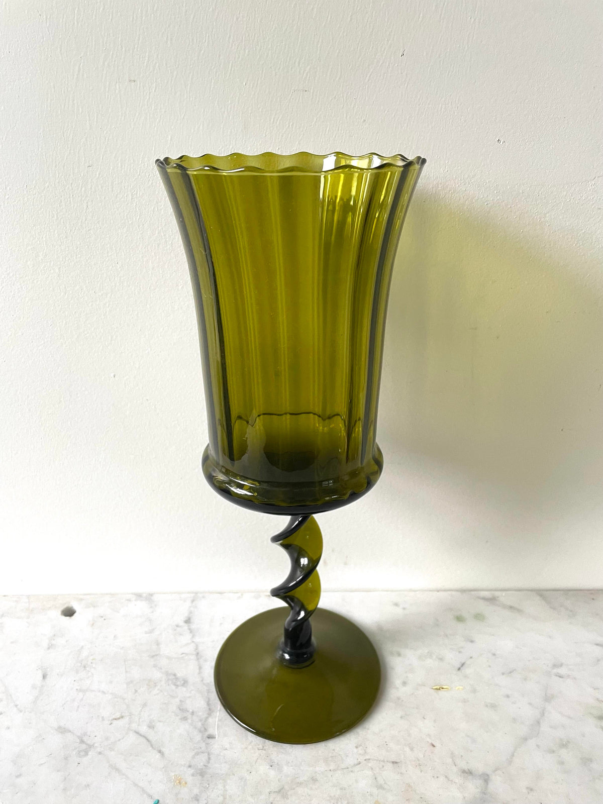 Empoli Green Glass Pedestal Vase Flared Avocado Twisted Stem