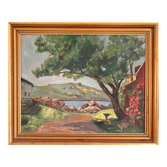 1951 Impressionist Lakeside Landscape Oil on Board Painting, Signed
