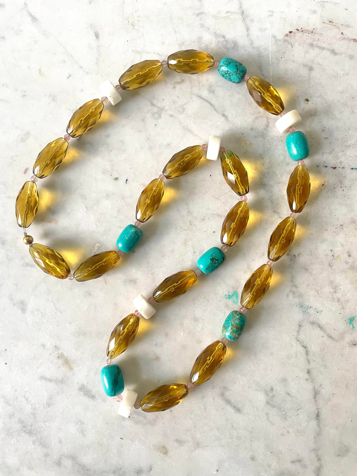 Turquoise, Amber Glass and White Coral Necklace Designed by Matthew Izzo