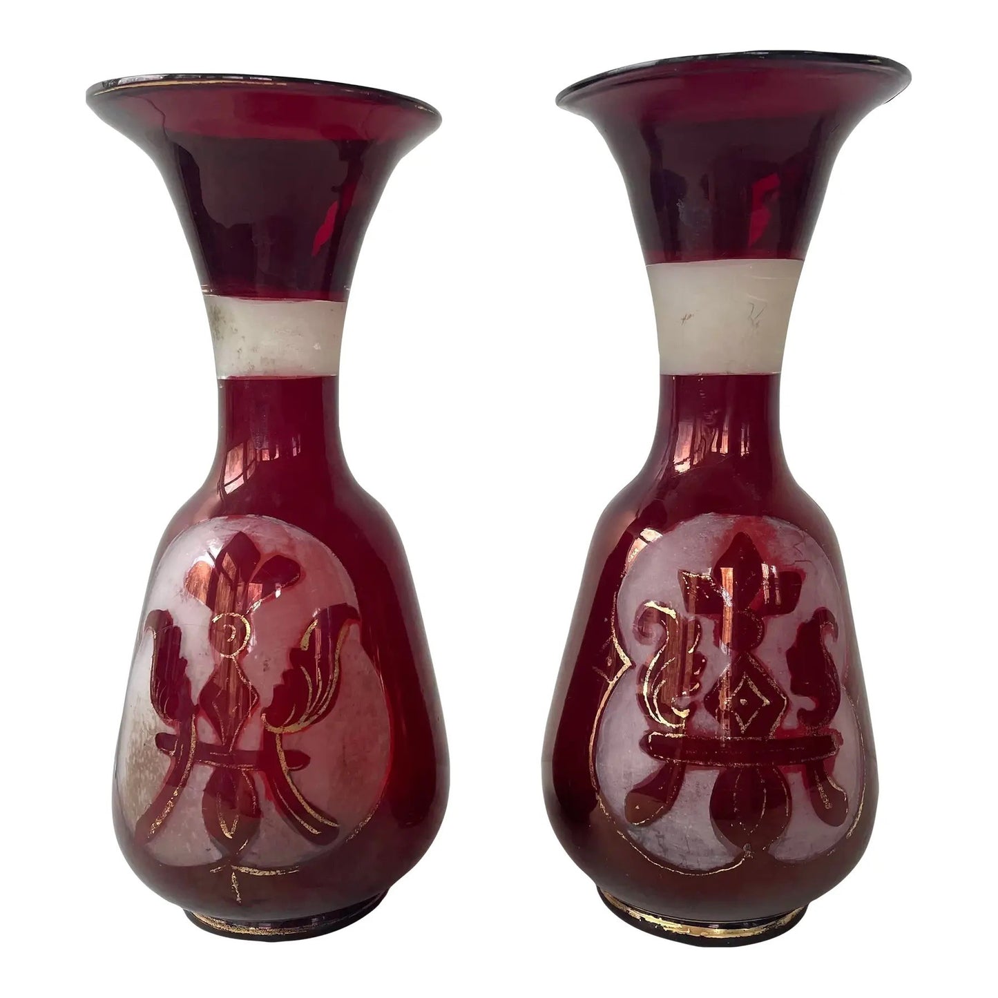 Vintage Bohemian Hand Blown Frosted Glass Vases - Pair