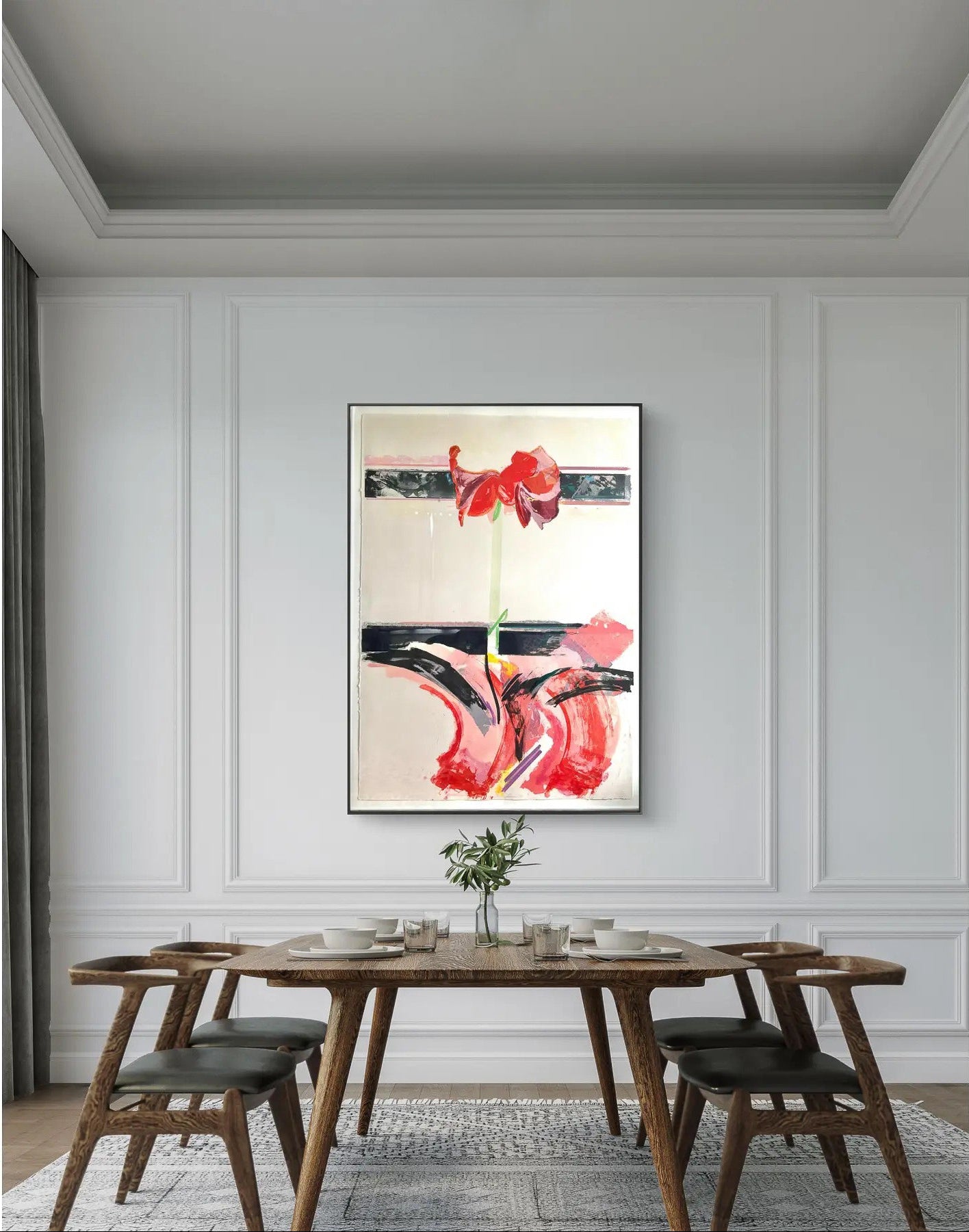 Dining room with a wooden table and chairs, and a floral painting on the wall.