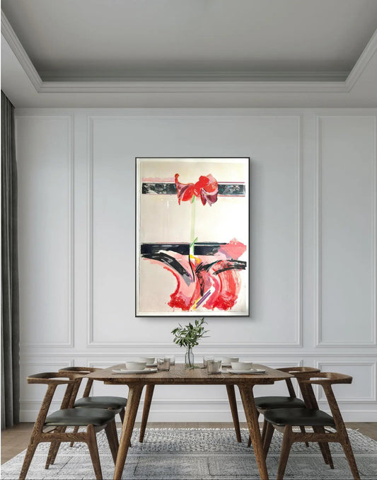 Dining room with a wooden table and chairs, and a floral painting on the wall.