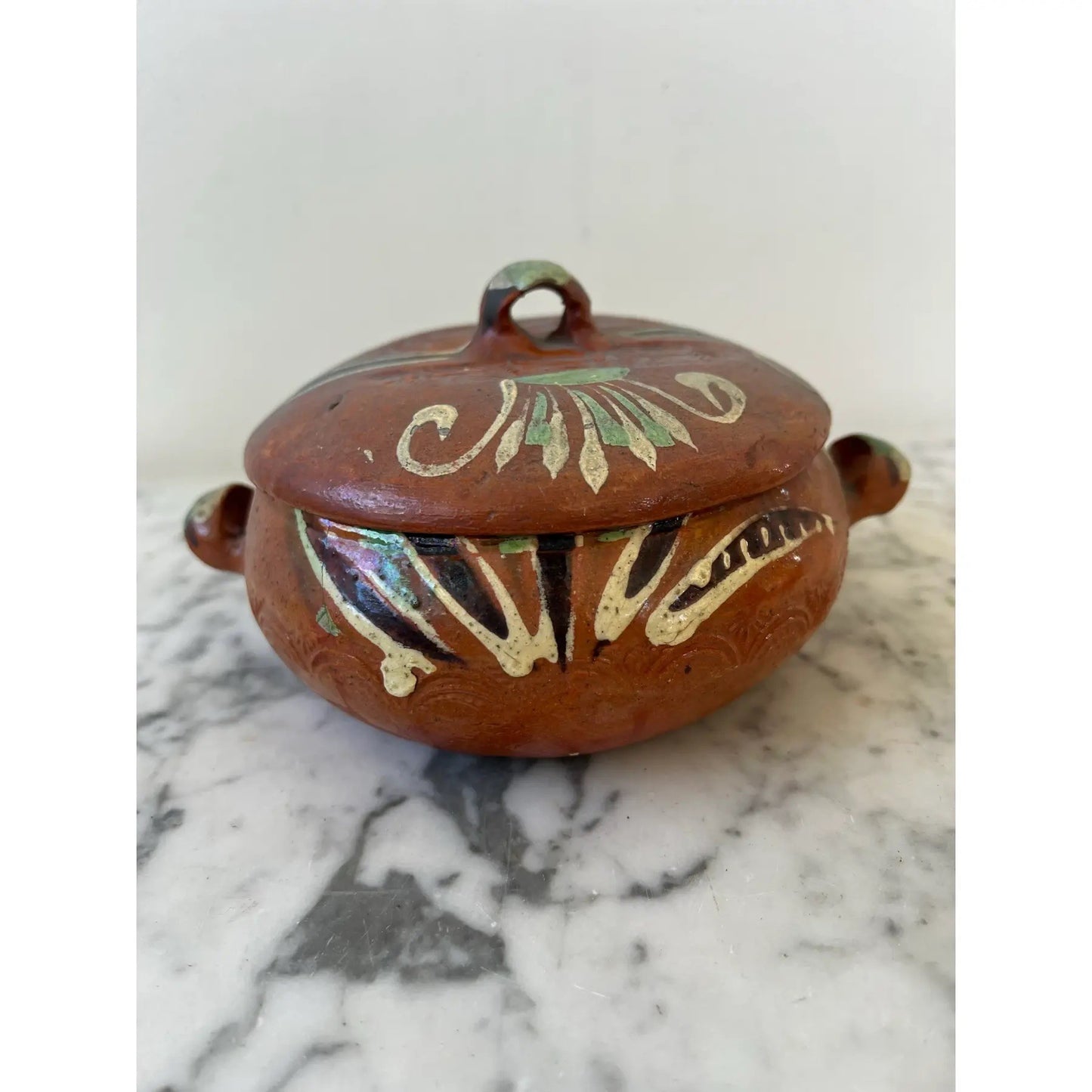 Hand Painted Mexican Terracotta Bowl With Lid Stamped Made in Mexico